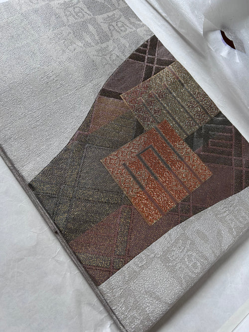 Vintage Japanese Fukuro Obi in Silver with Geometric Woven Pattern