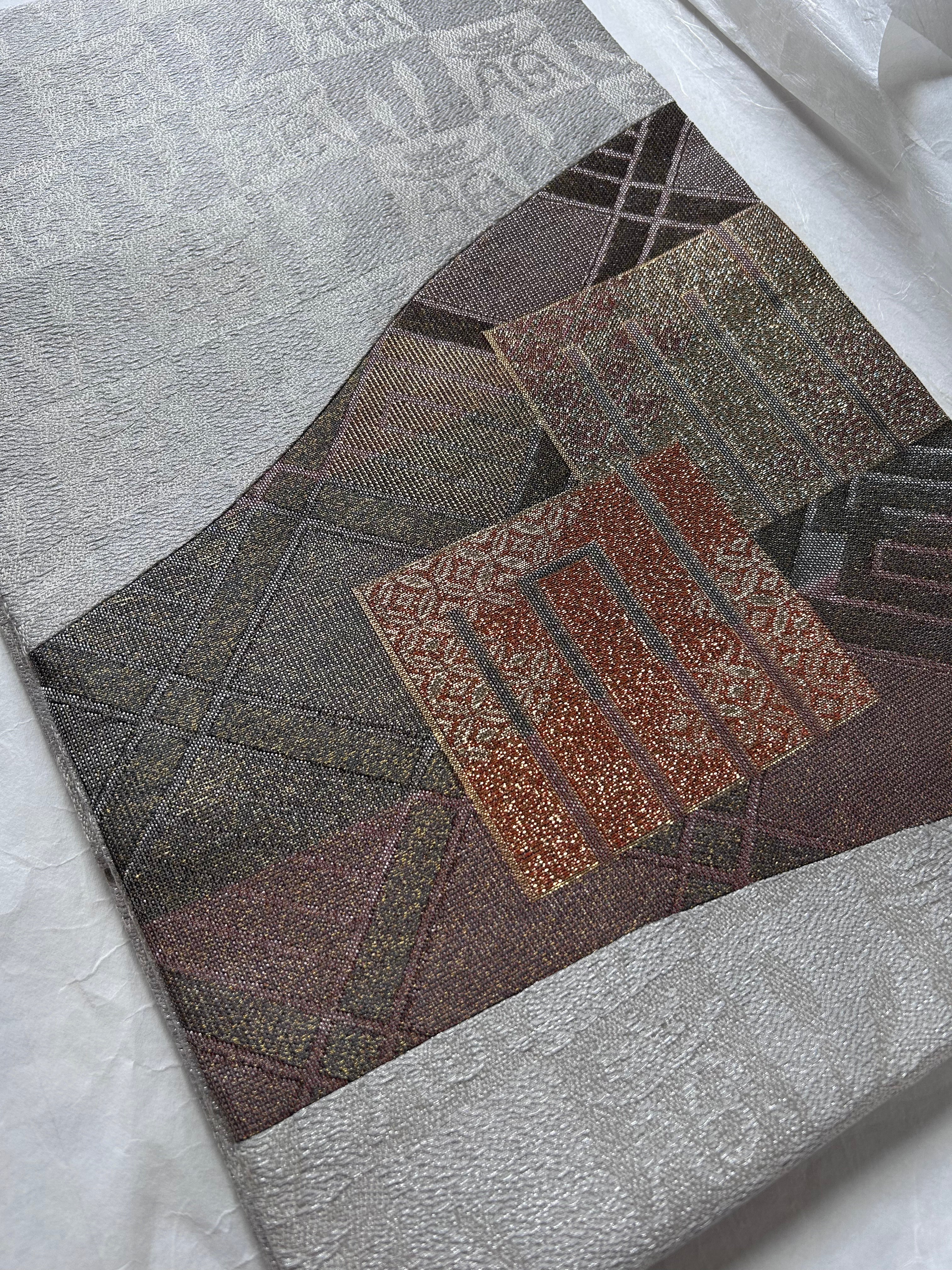 Vintage Japanese Fukuro Obi in Silver with Geometric Woven Pattern