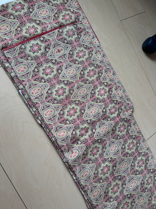 Vintage Japanese Fukuro Obi in Burgundy with Floral Geometric Pattern