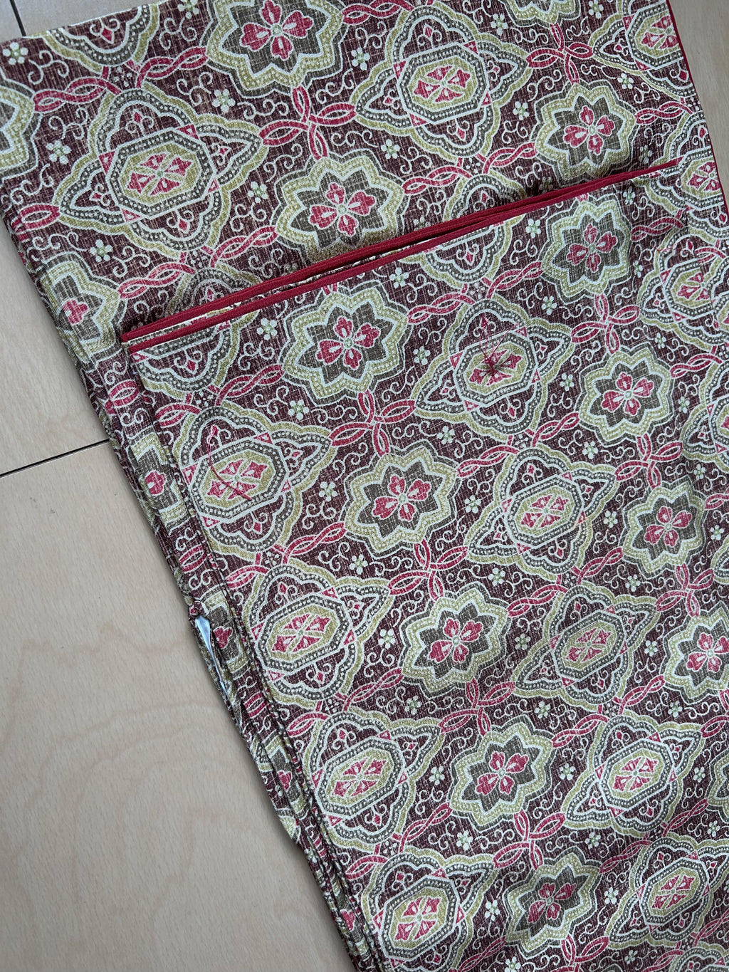 Vintage Japanese Fukuro Obi in Burgundy with Floral Geometric Pattern