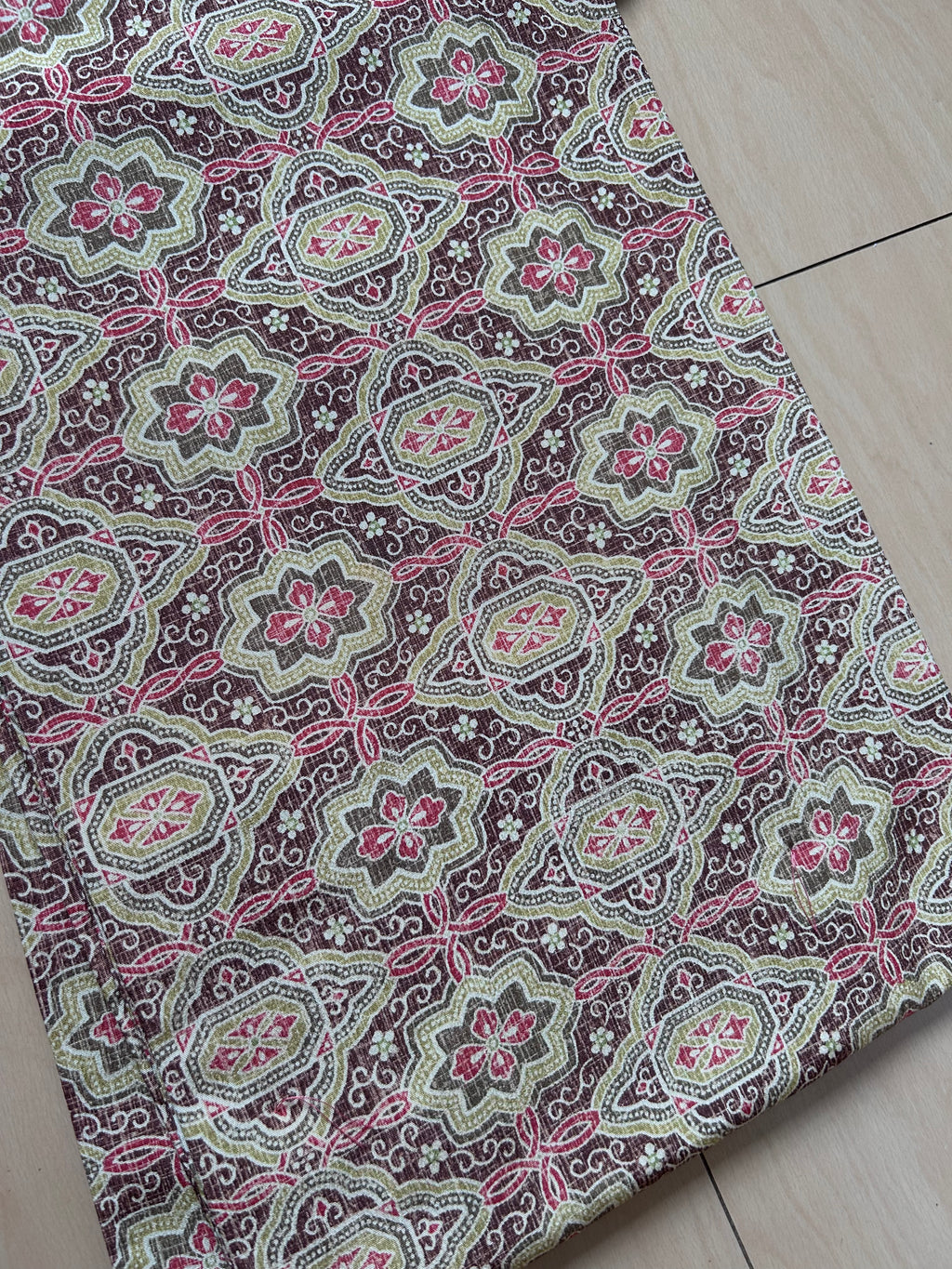 Vintage Japanese Fukuro Obi in Burgundy with Floral Geometric Pattern