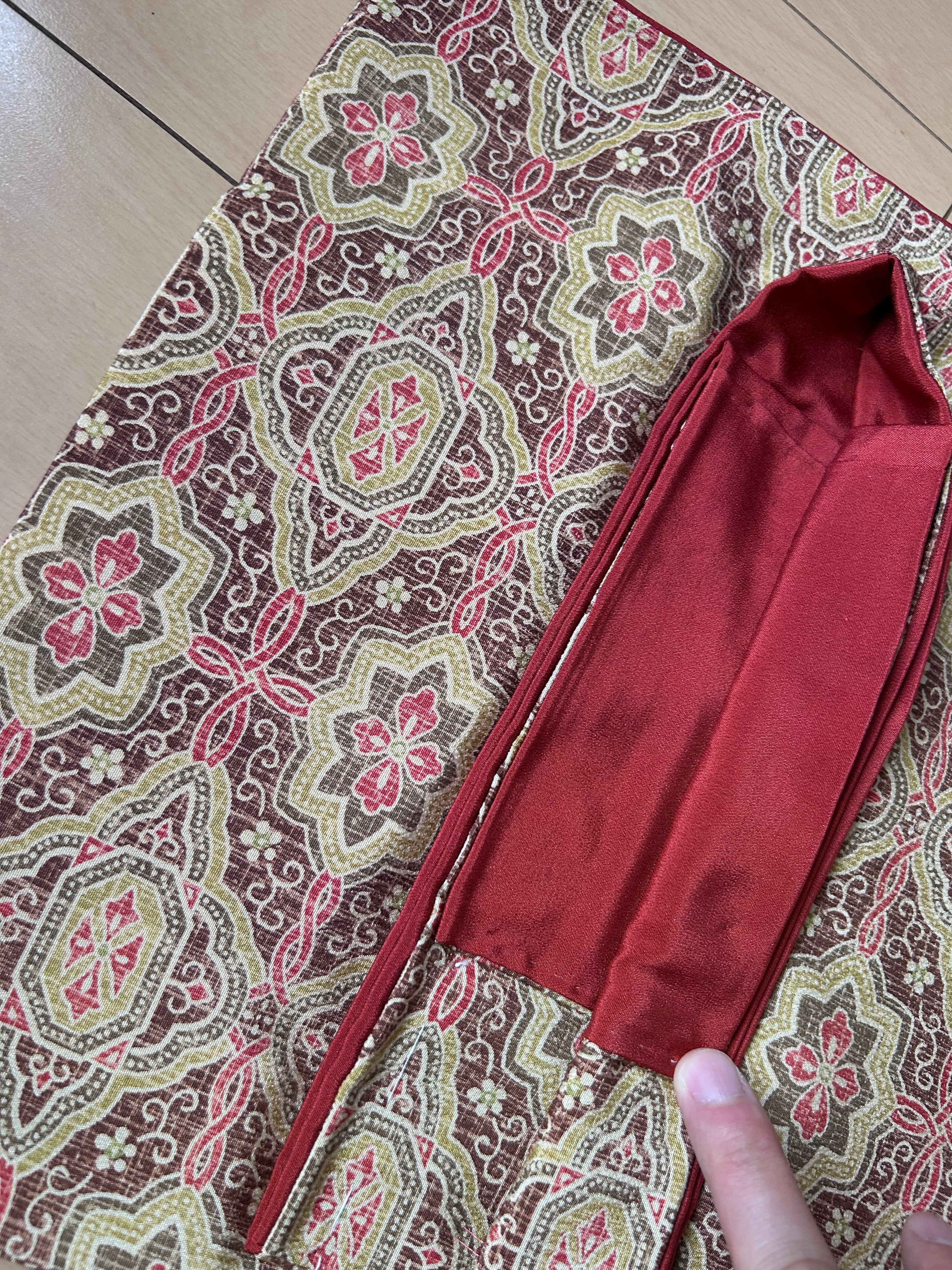 Vintage Japanese Fukuro Obi in Burgundy with Floral Geometric Pattern