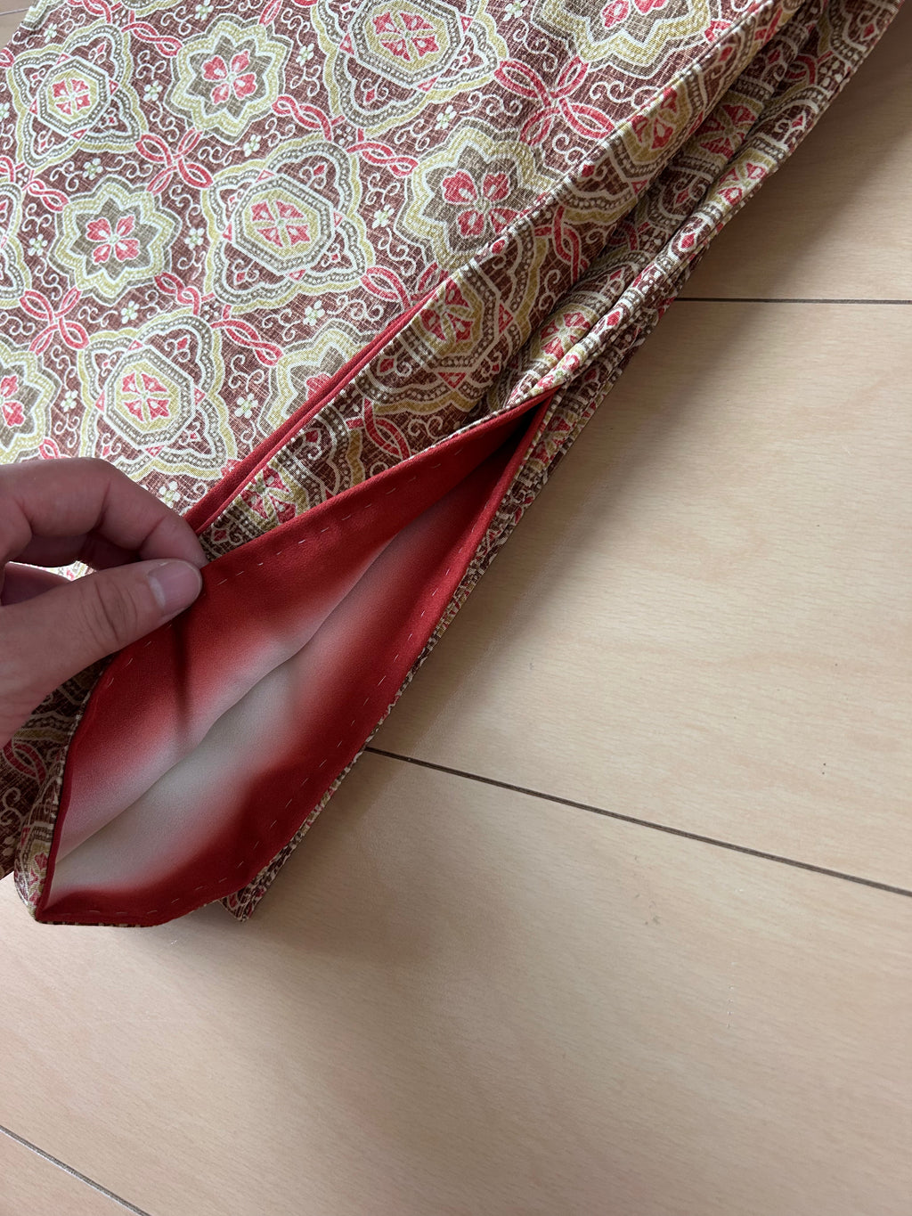 Vintage Japanese Fukuro Obi in Burgundy with Floral Geometric Pattern