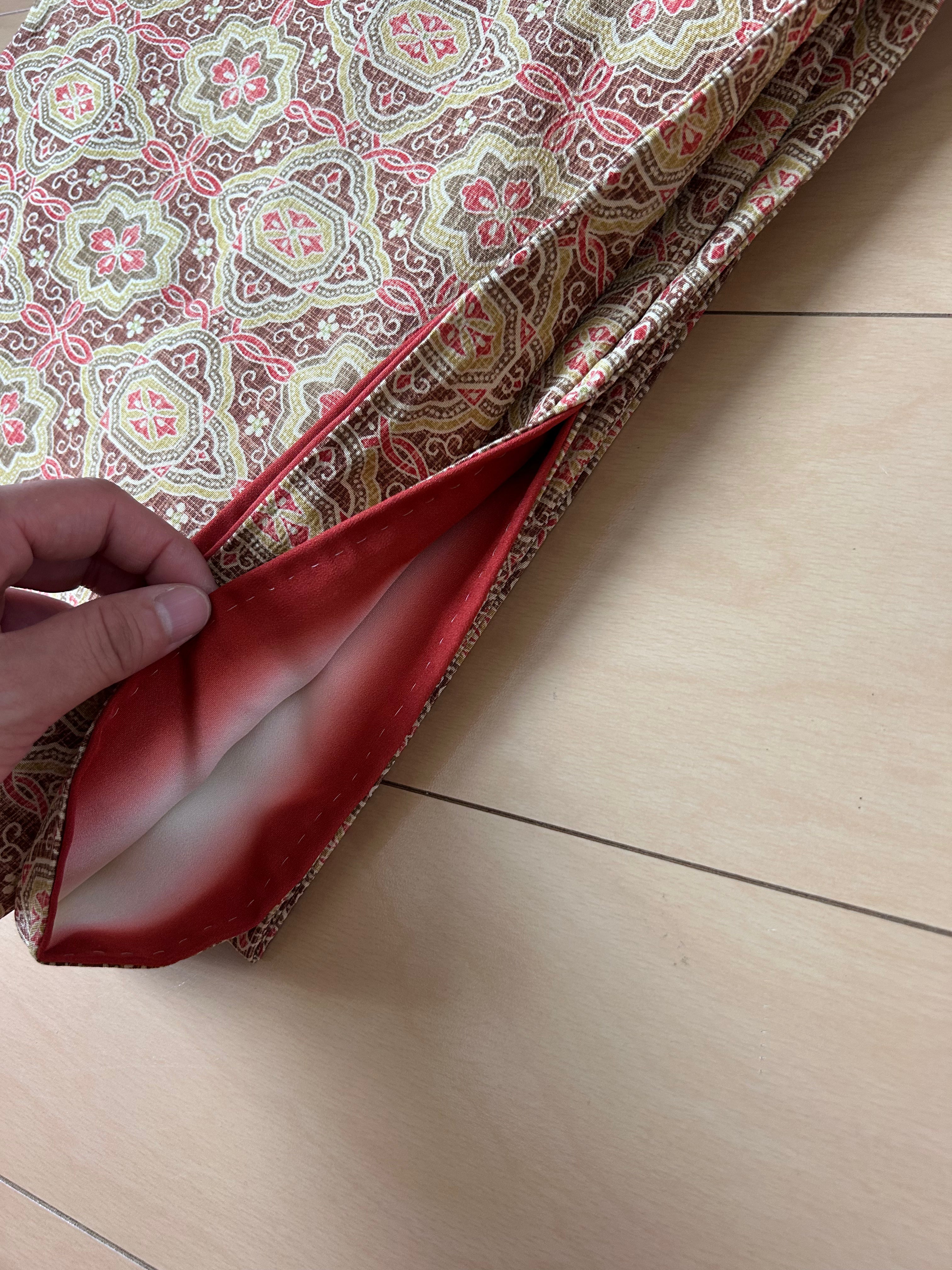 Vintage Japanese Fukuro Obi in Burgundy with Floral Geometric Pattern