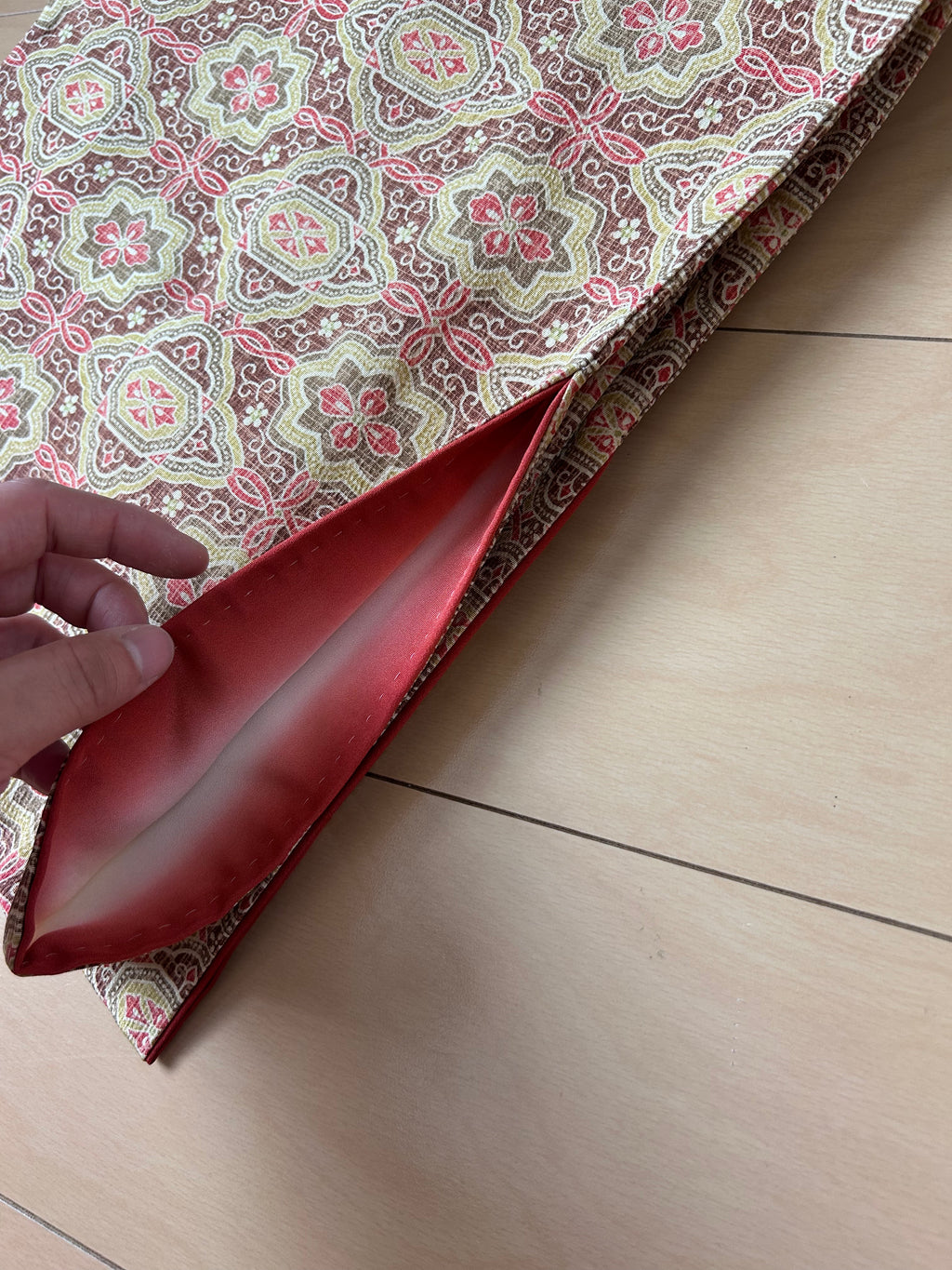 Vintage Japanese Fukuro Obi in Burgundy with Floral Geometric Pattern