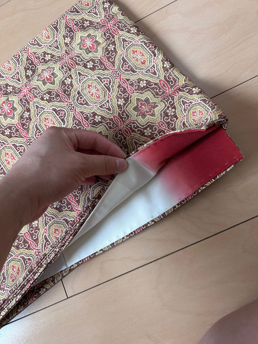 Vintage Japanese Fukuro Obi in Burgundy with Floral Geometric Pattern