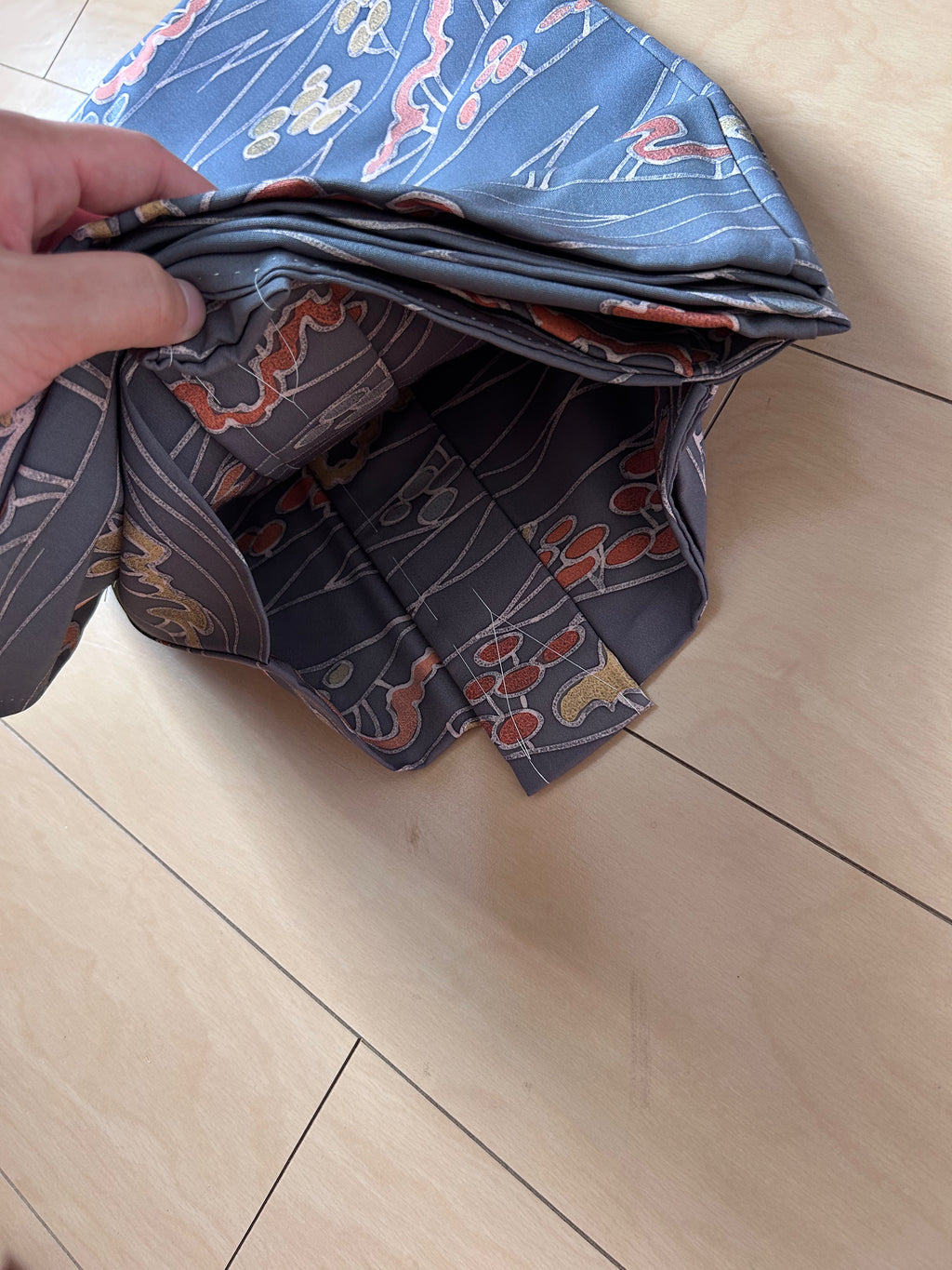 Vintage Japanese Kimono in Charcoal Gray with Flowing Botanical Pattern