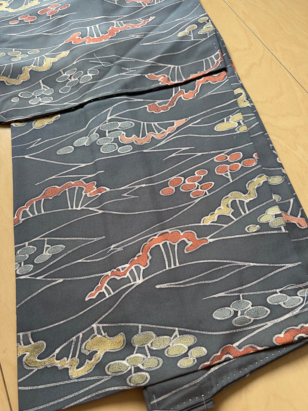 Vintage Japanese Kimono in Charcoal Gray with Flowing Botanical Pattern