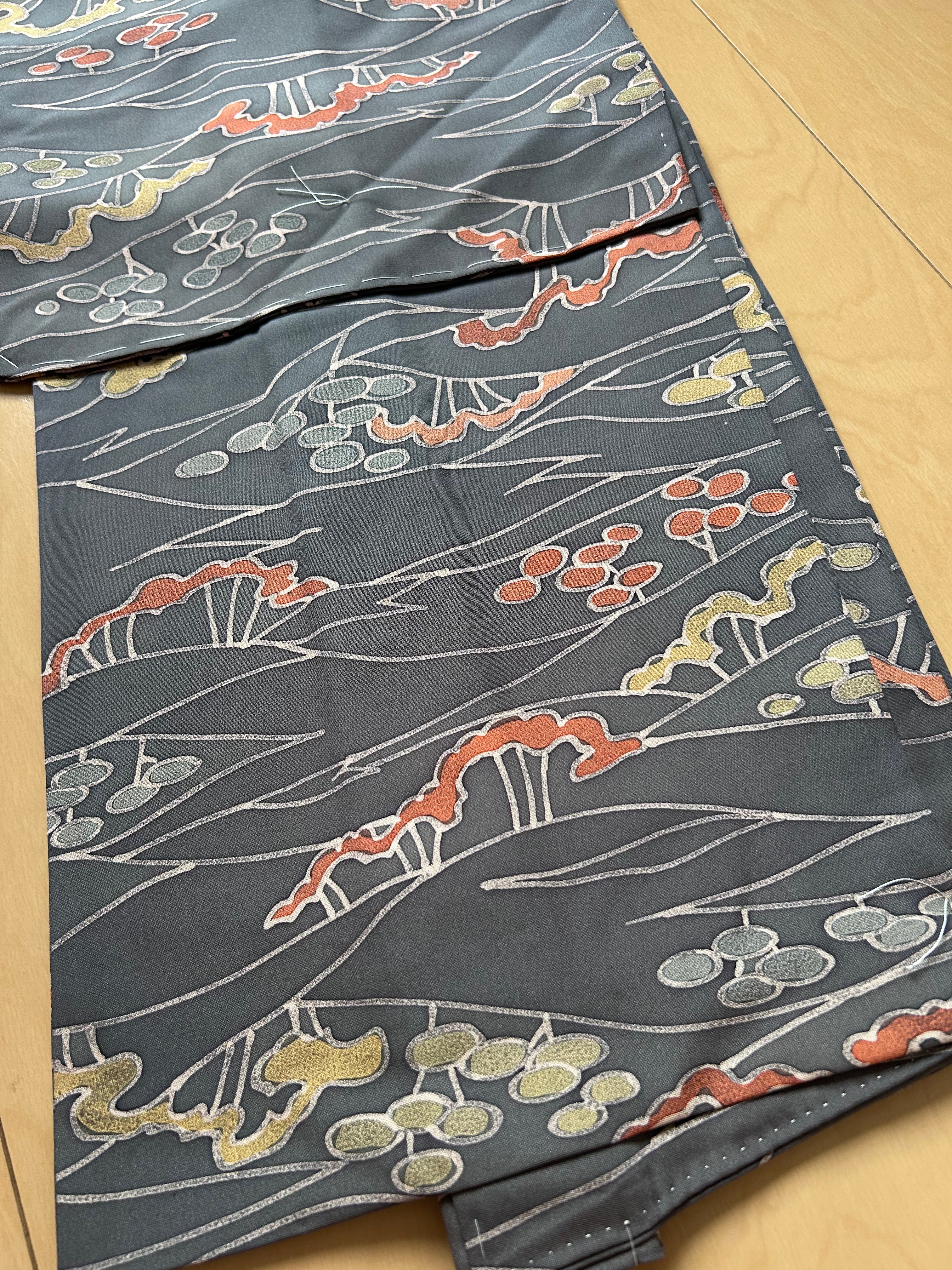 Vintage Japanese Kimono in Charcoal Gray with Flowing Botanical Pattern