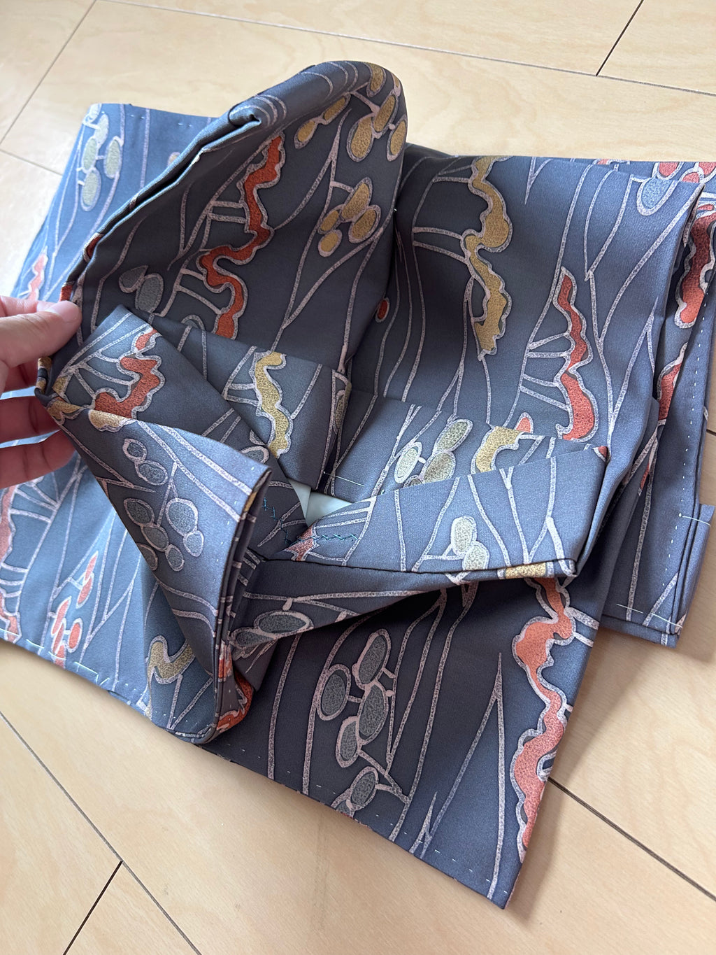 Vintage Japanese Kimono in Charcoal Gray with Flowing Botanical Pattern