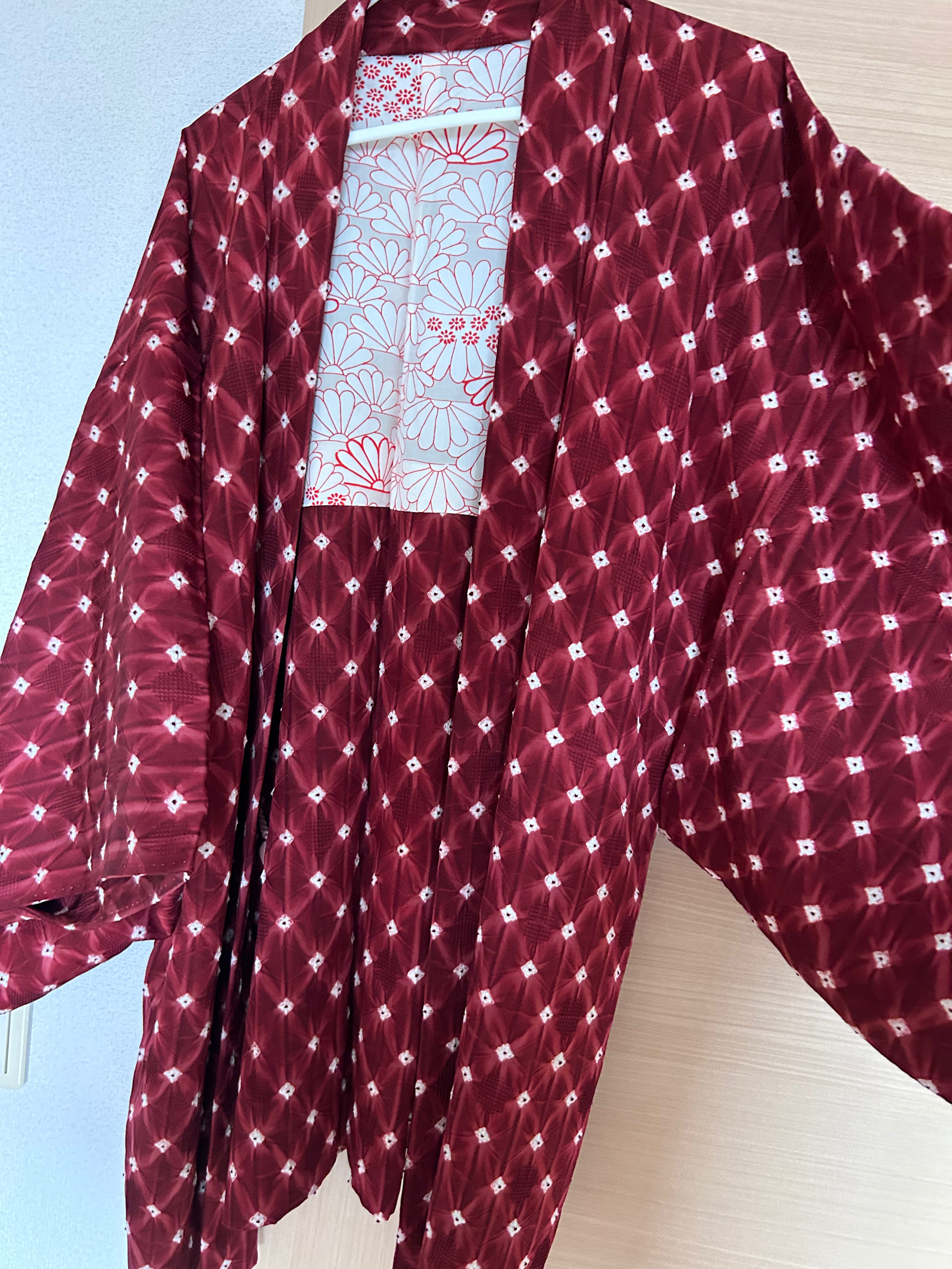 Vintage Japanese Shibori Haori in Deep Burgundy with White Diamond Pattern