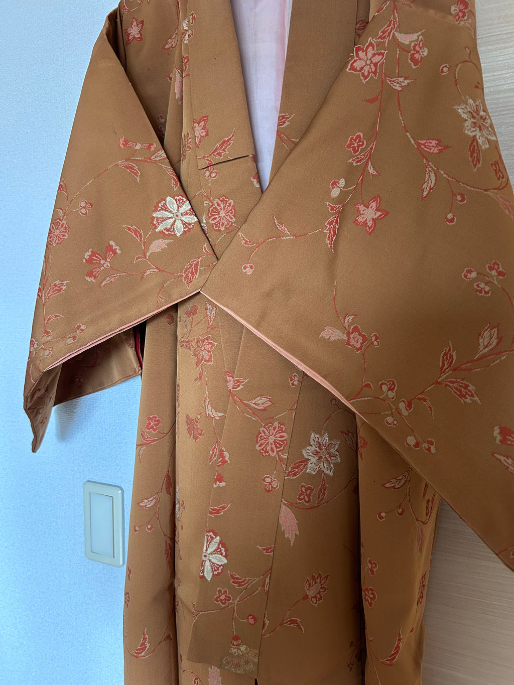 Vintage Japanese Haori in Warm Camel Brown with Delicate Pink Floral Vine Pattern
