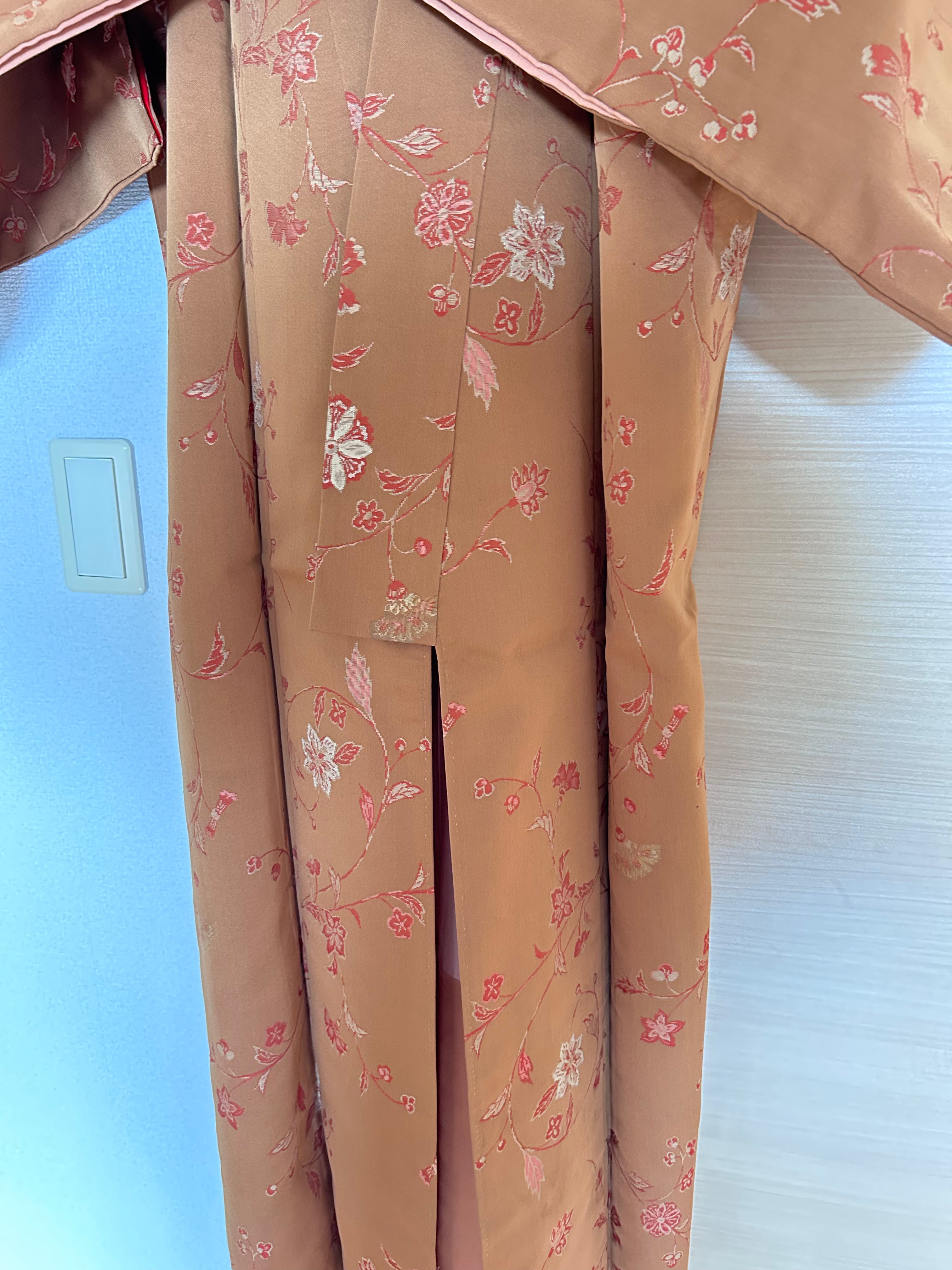 Vintage Japanese Haori in Warm Camel Brown with Delicate Pink Floral Vine Pattern