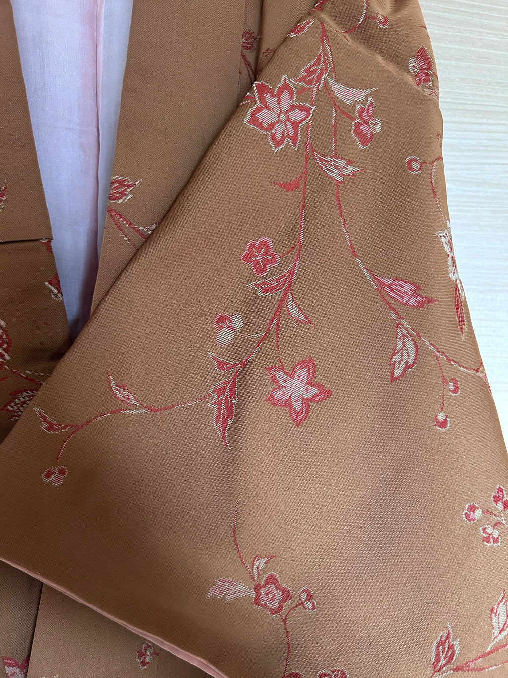 Vintage Japanese Haori in Warm Camel Brown with Delicate Pink Floral Vine Pattern