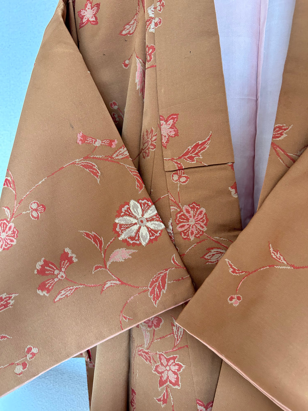 Vintage Japanese Haori in Warm Camel Brown with Delicate Pink Floral Vine Pattern