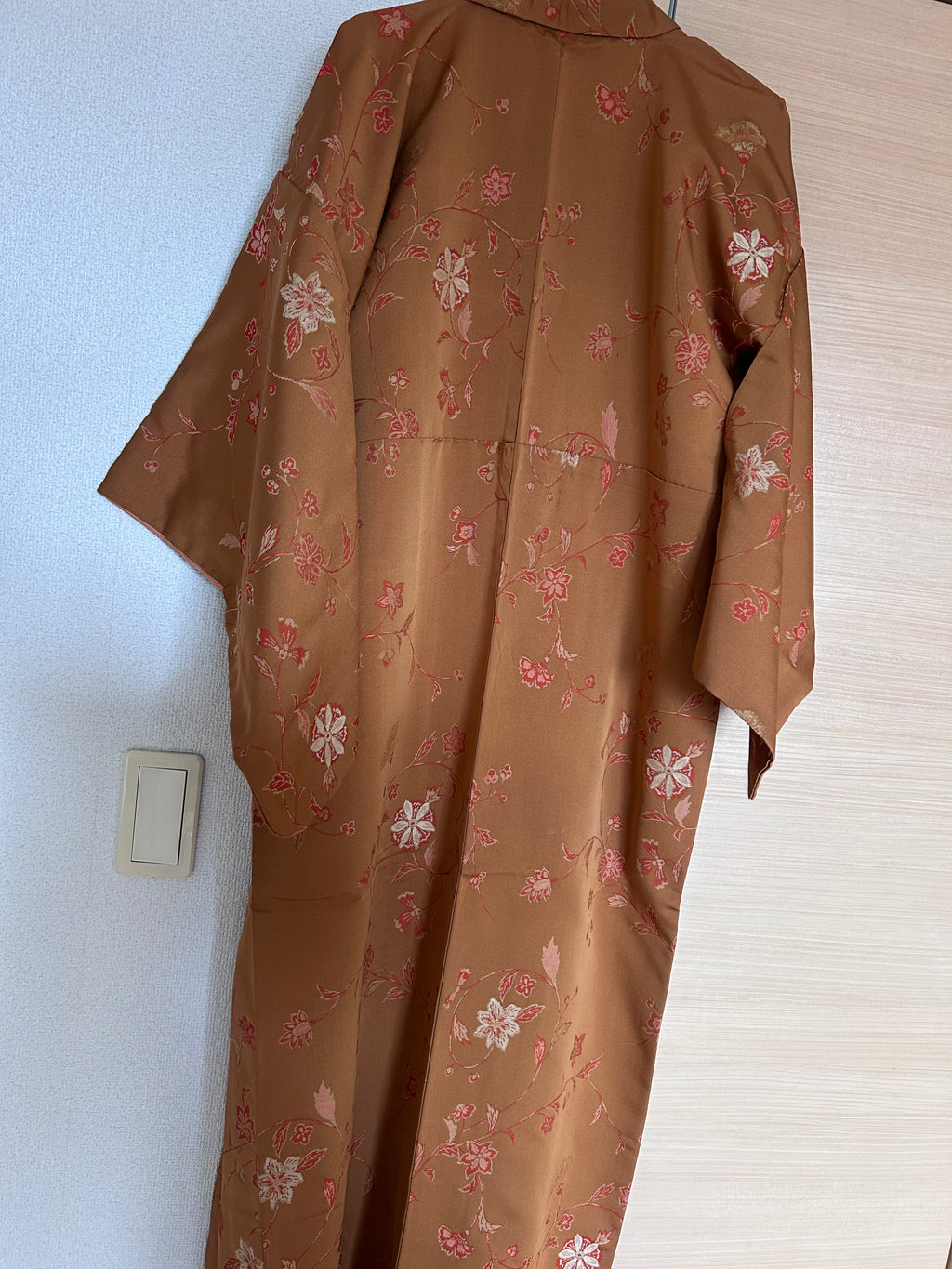Vintage Japanese Haori in Warm Camel Brown with Delicate Pink Floral Vine Pattern