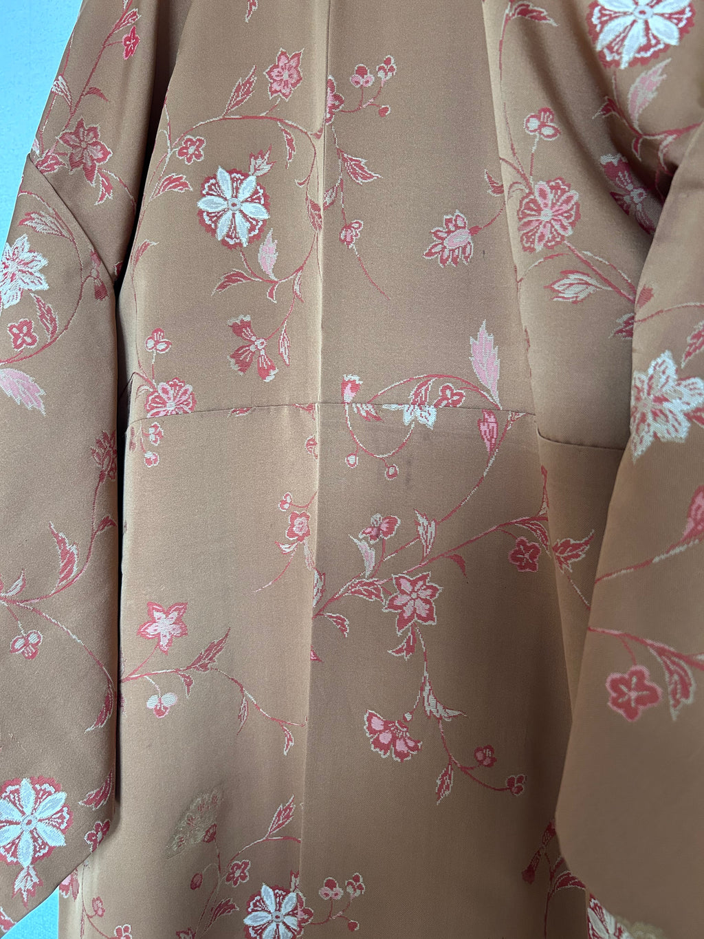 Vintage Japanese Haori in Warm Camel Brown with Delicate Pink Floral Vine Pattern