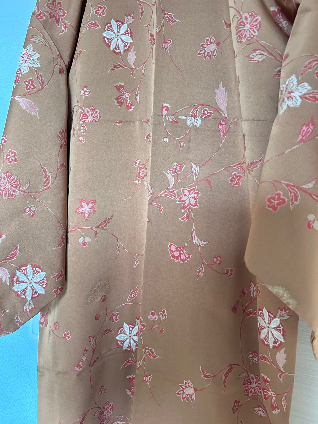 Vintage Japanese Haori in Warm Camel Brown with Delicate Pink Floral Vine Pattern