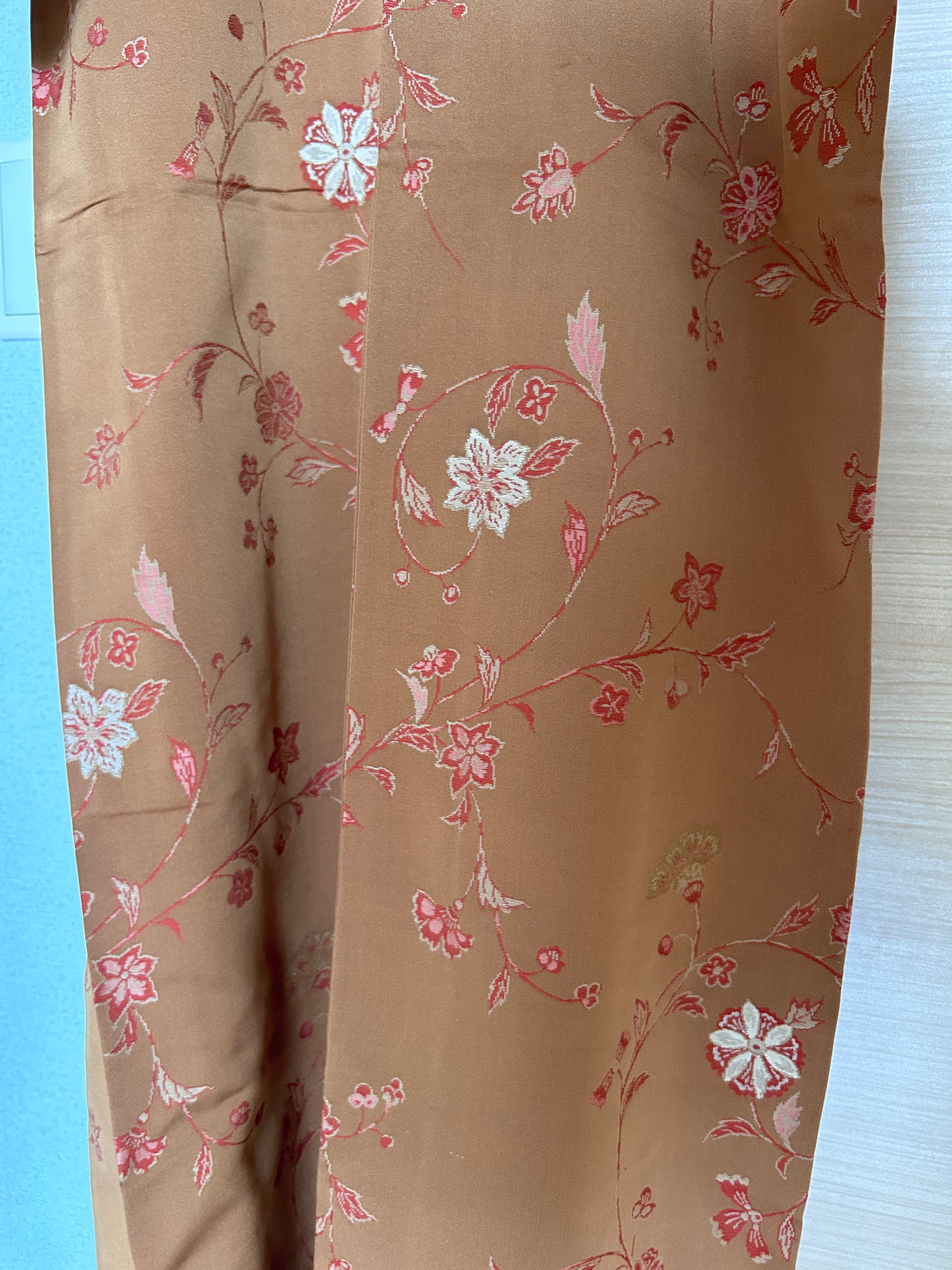Vintage Japanese Haori in Warm Camel Brown with Delicate Pink Floral Vine Pattern