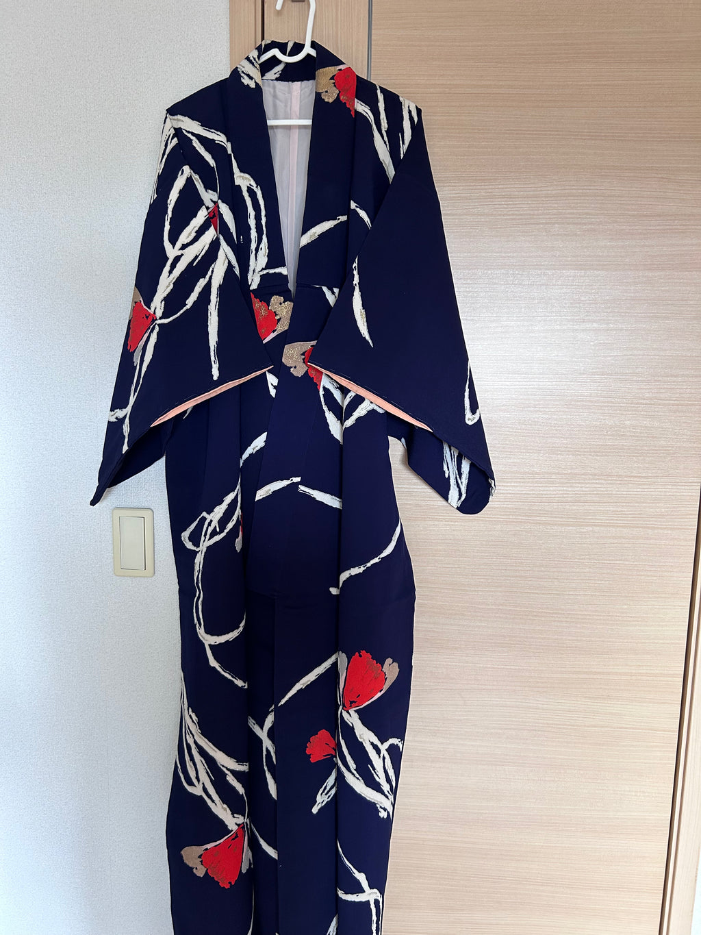 Vintage Japanese Kimono in Deep Indigo with Bold Ivory Bamboo Leaves & Crimson Floral Accents