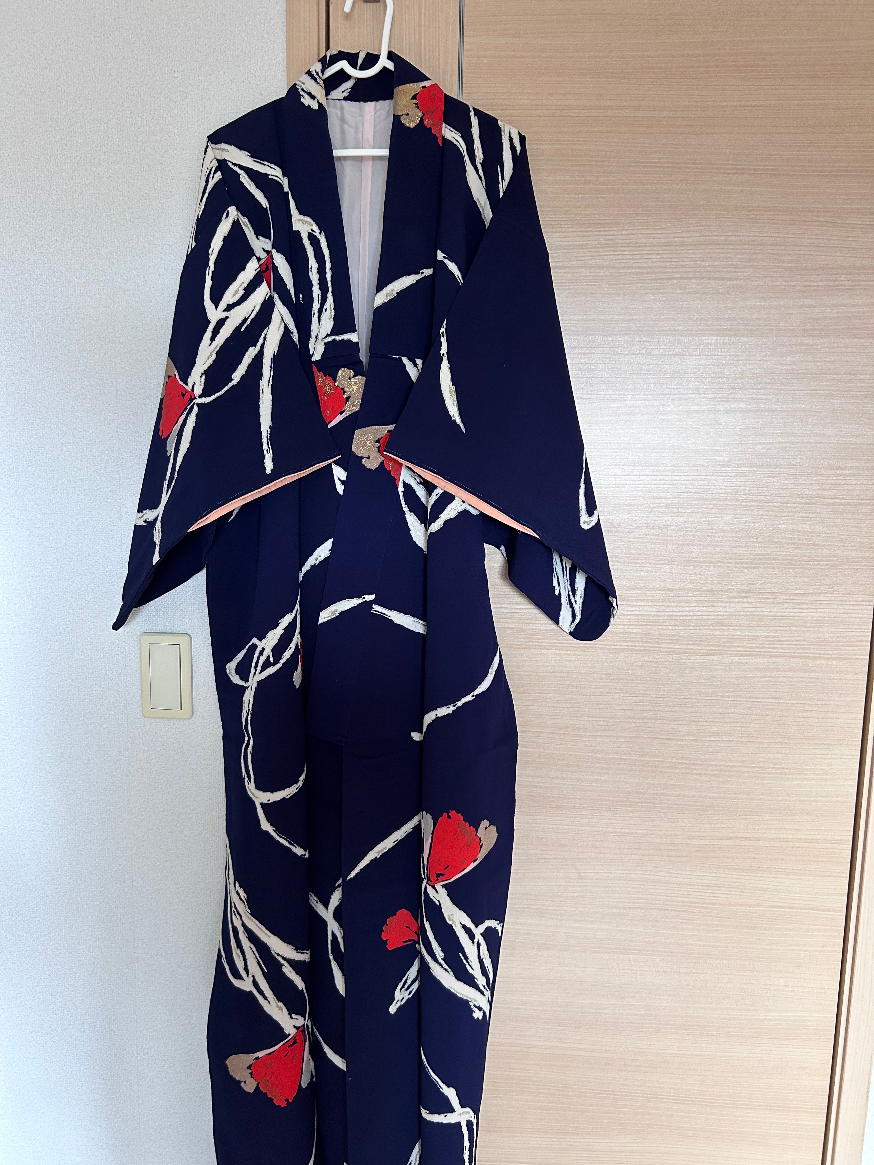 Vintage Japanese Kimono in Deep Indigo with Bold Ivory Bamboo Leaves & Crimson Floral Accents