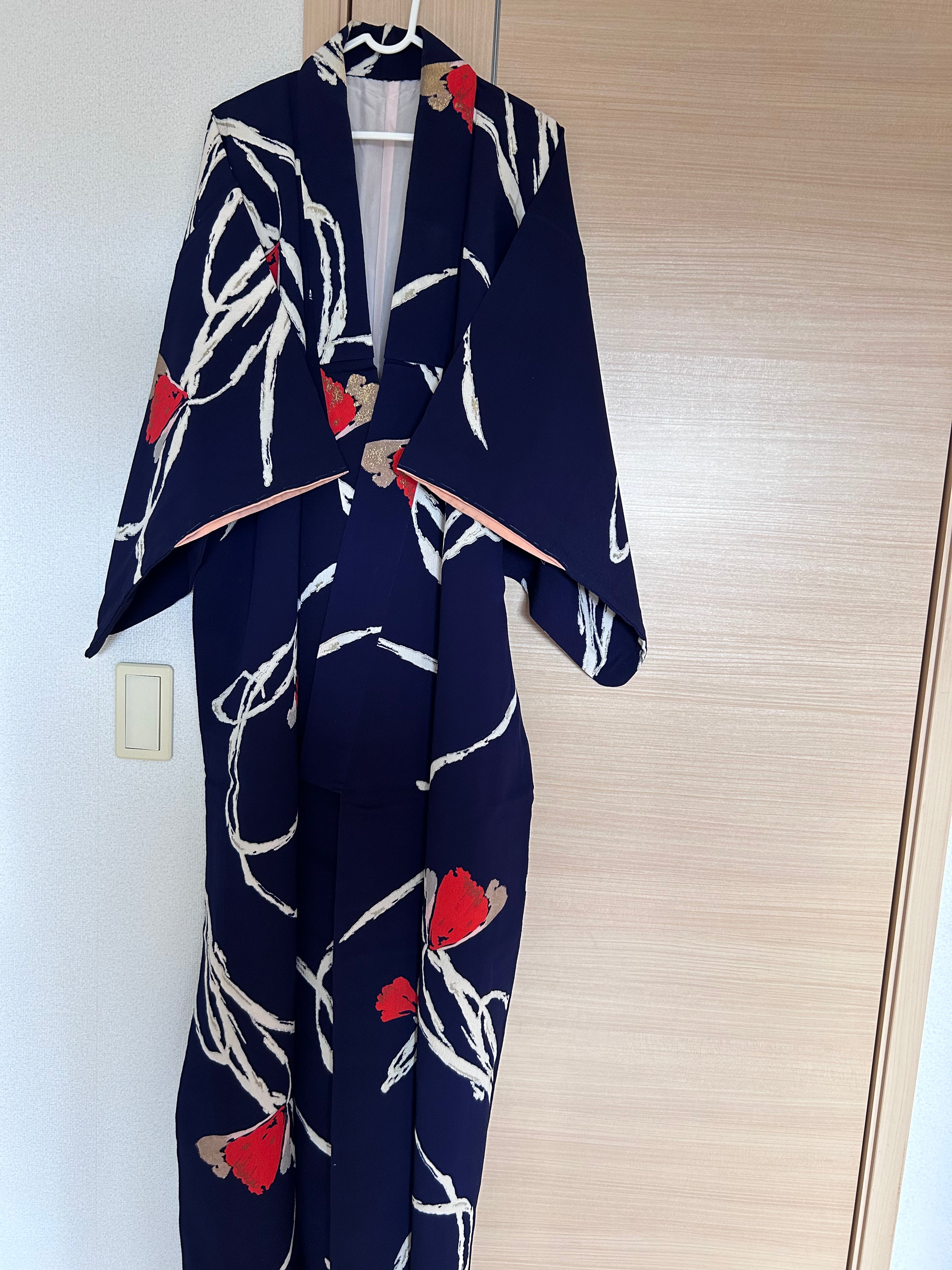 Vintage Japanese Kimono in Deep Indigo with Bold Ivory Bamboo Leaves & Crimson Floral Accents