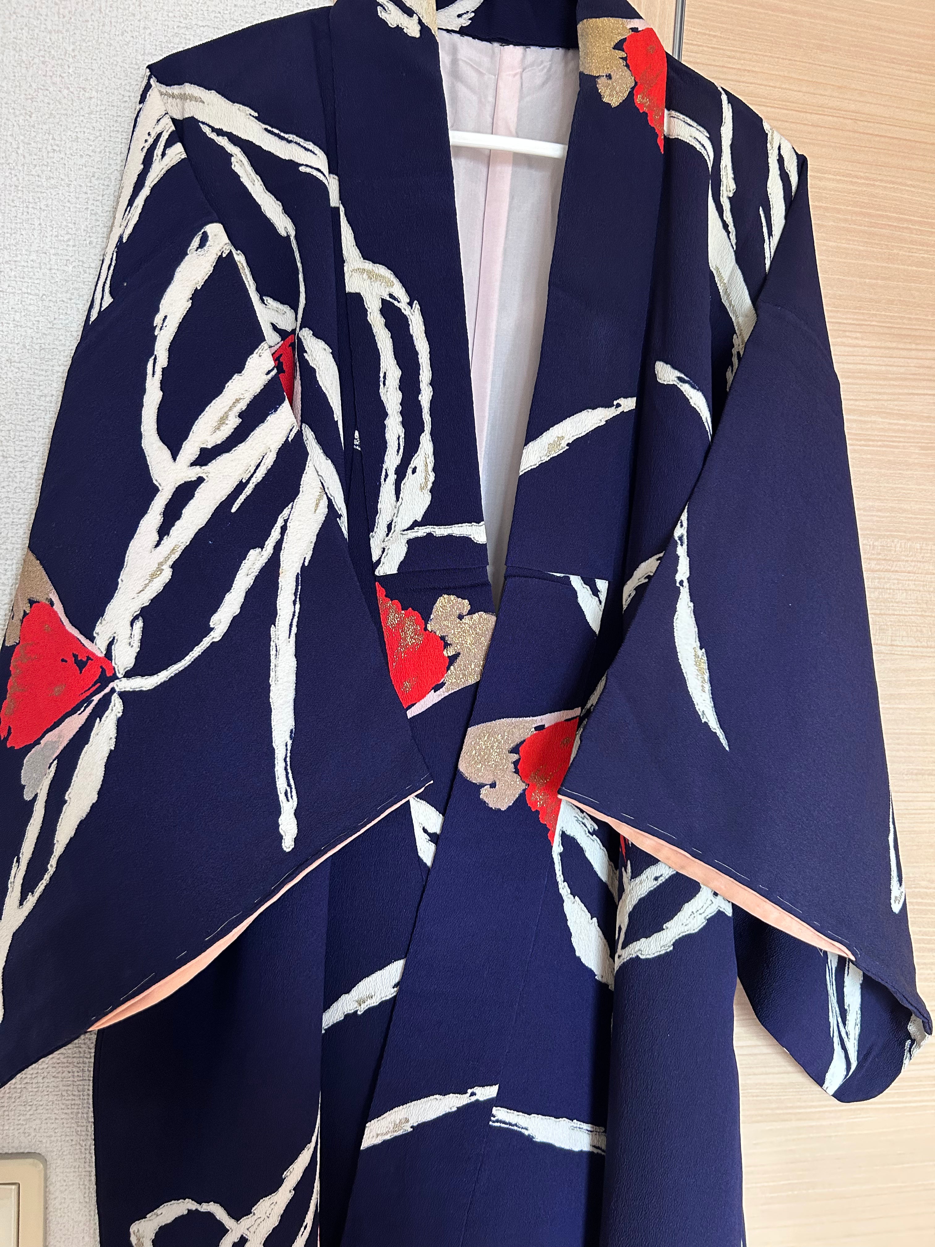 Vintage Japanese Kimono in Deep Indigo with Bold Ivory Bamboo Leaves & Crimson Floral Accents