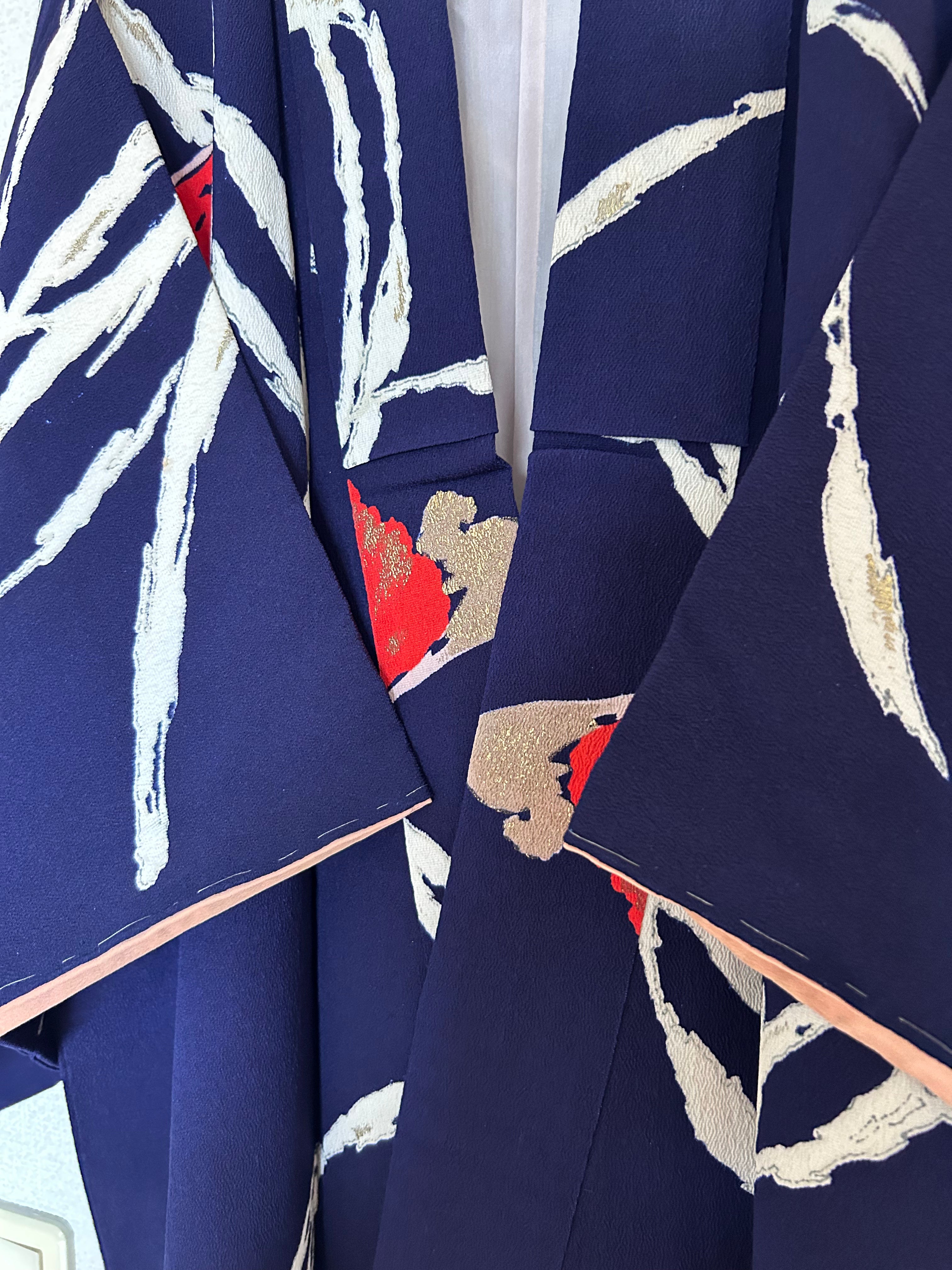 Vintage Japanese Kimono in Deep Indigo with Bold Ivory Bamboo Leaves & Crimson Floral Accents