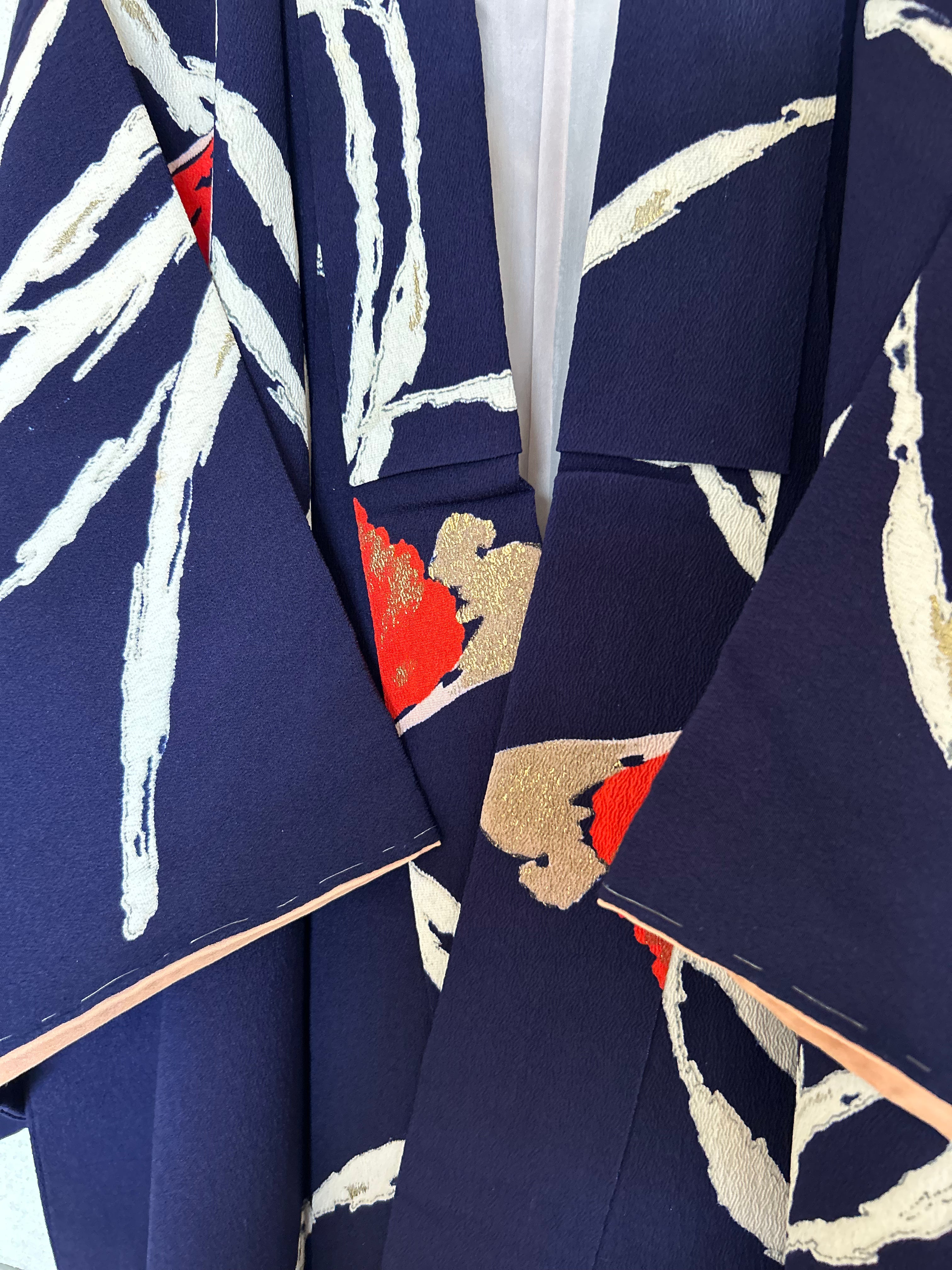 Vintage Japanese Kimono in Deep Indigo with Bold Ivory Bamboo Leaves & Crimson Floral Accents