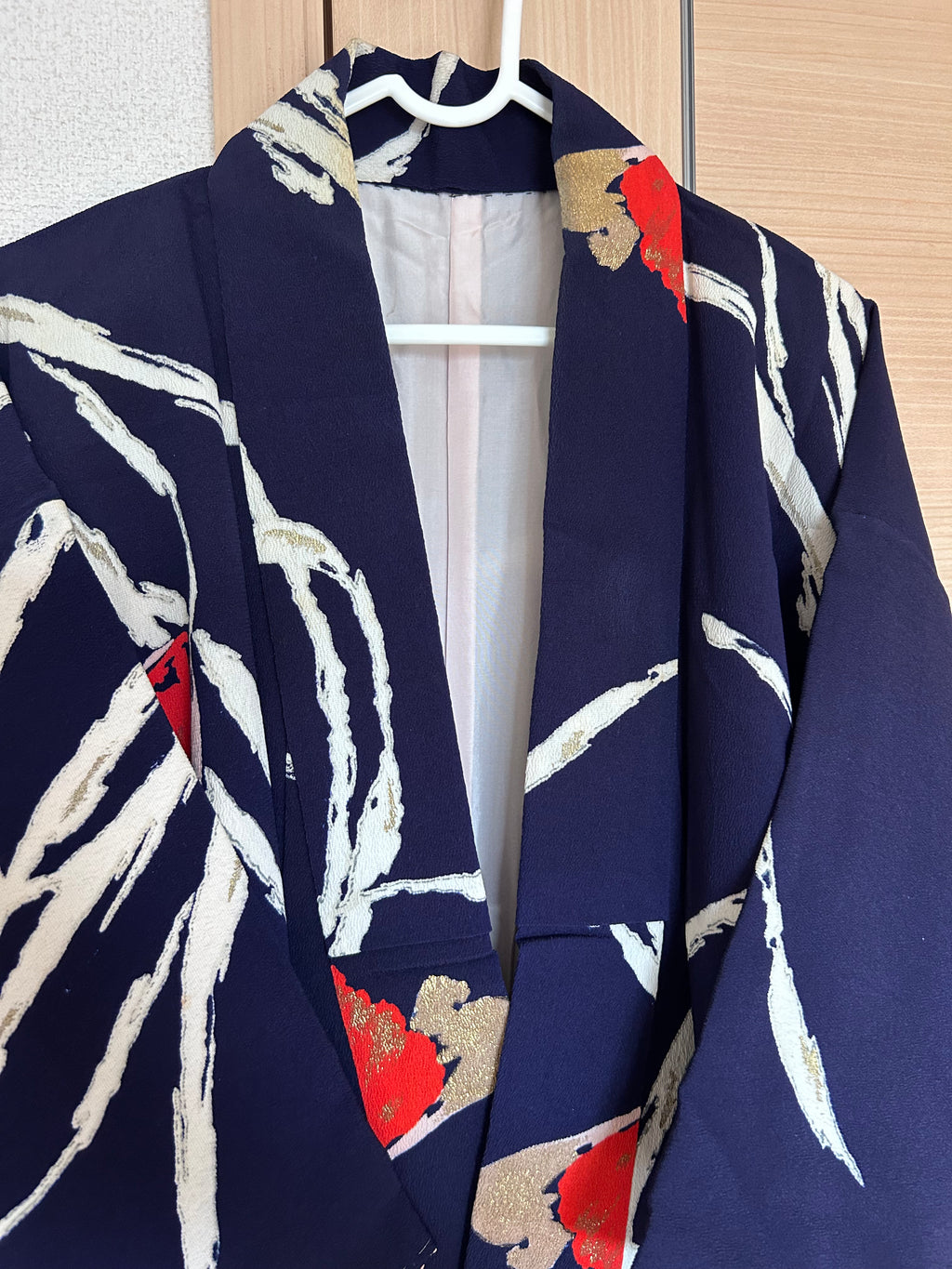 Vintage Japanese Kimono in Deep Indigo with Bold Ivory Bamboo Leaves & Crimson Floral Accents