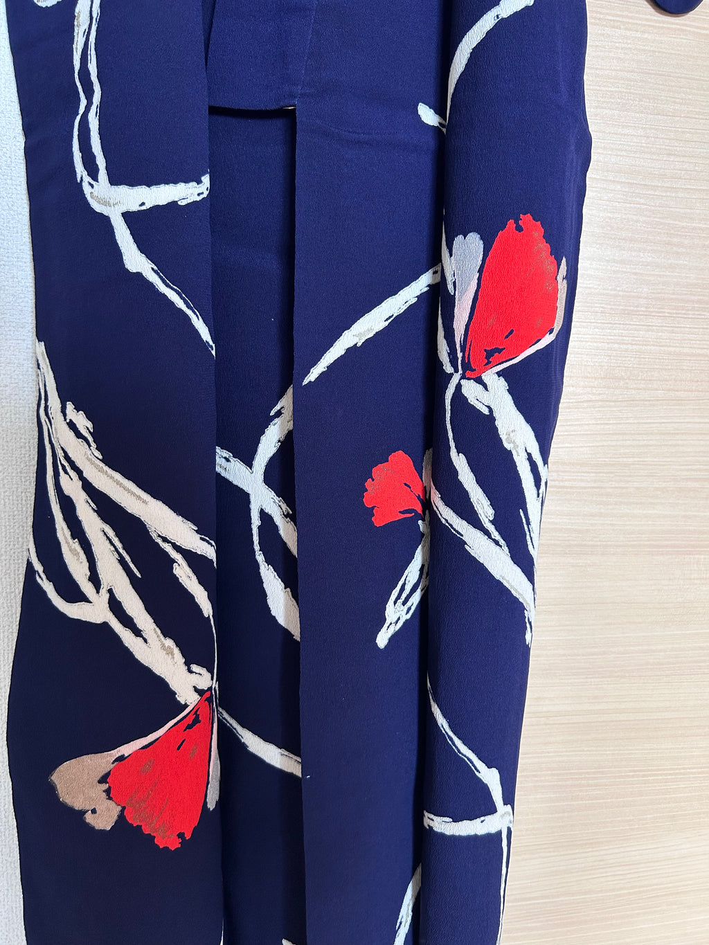 Vintage Japanese Kimono in Deep Indigo with Bold Ivory Bamboo Leaves & Crimson Floral Accents