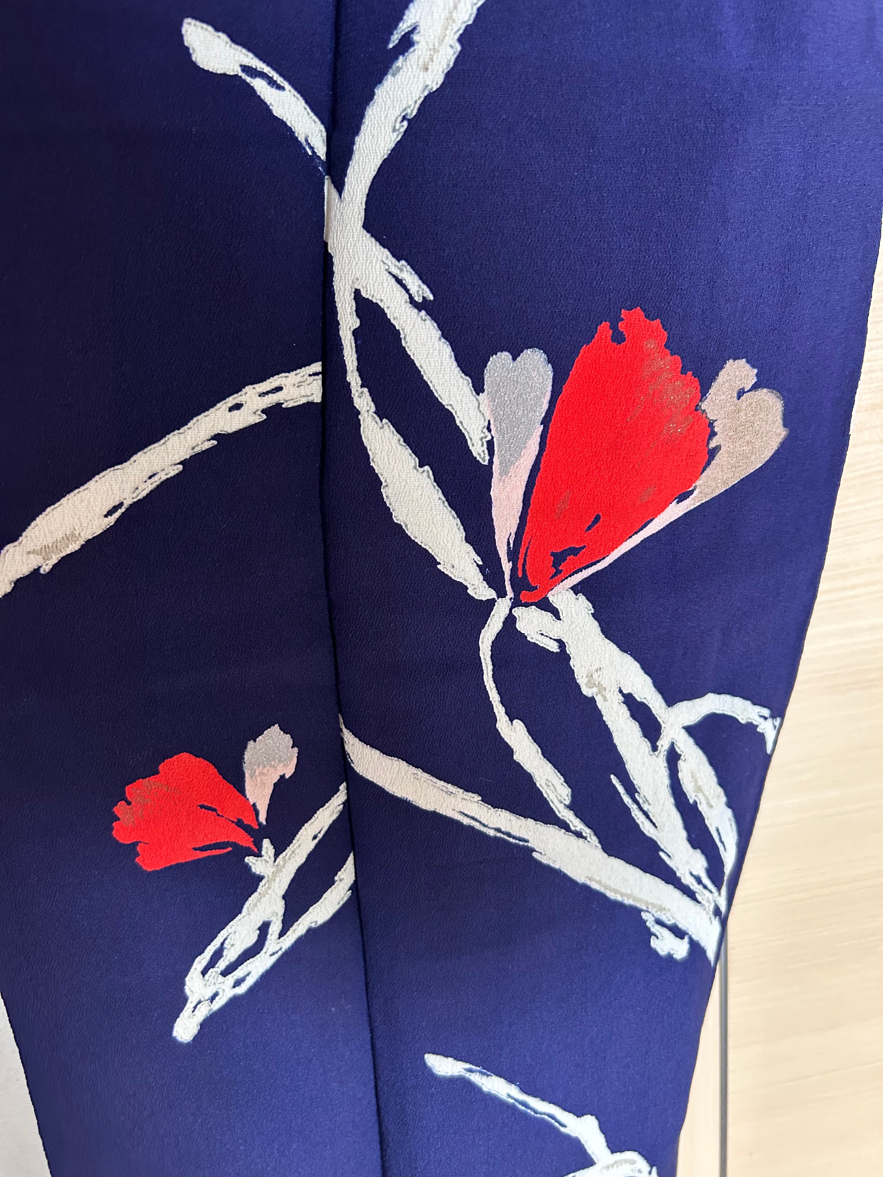Vintage Japanese Kimono in Deep Indigo with Bold Ivory Bamboo Leaves & Crimson Floral Accents