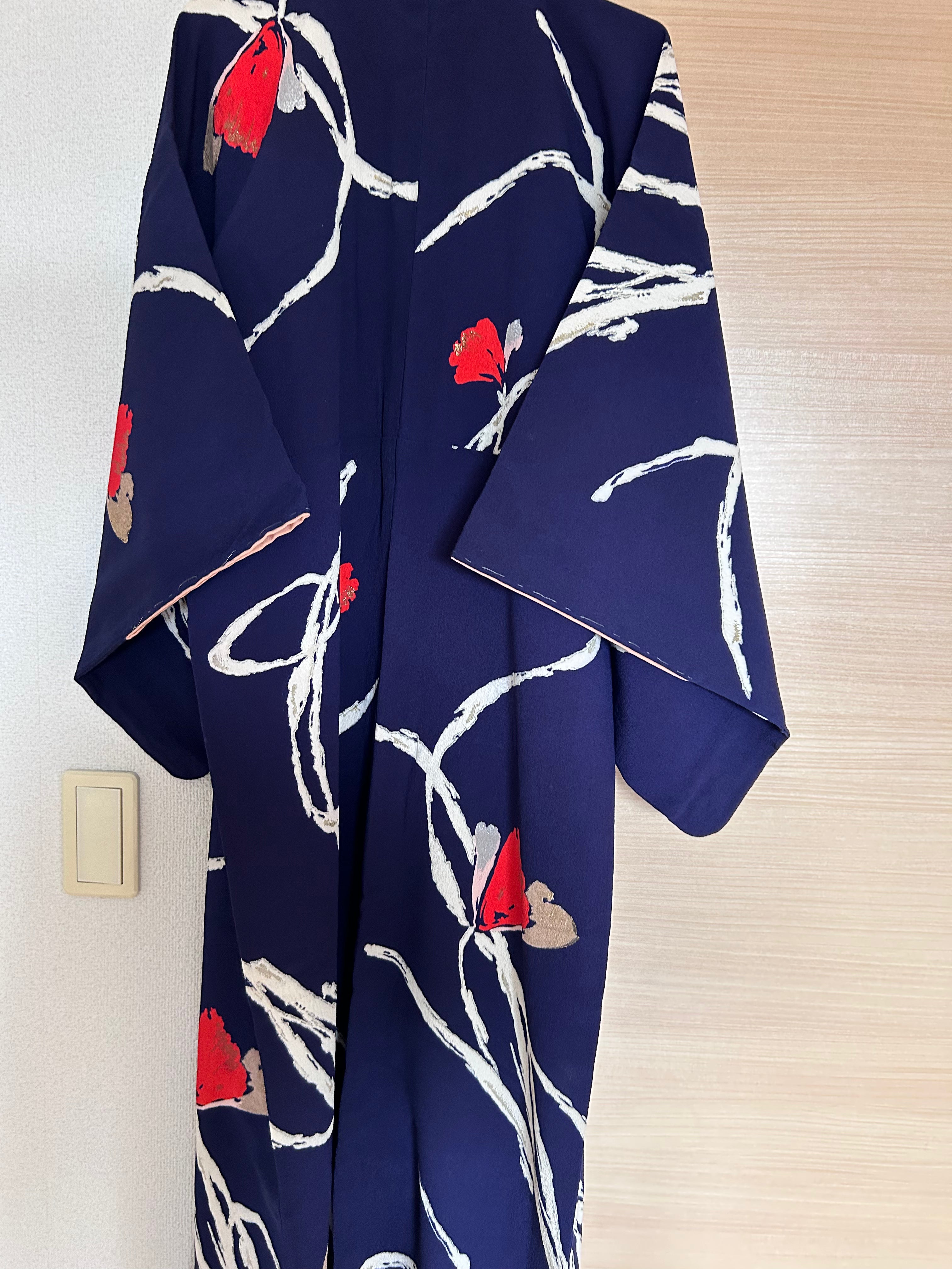 Vintage Japanese Kimono in Deep Indigo with Bold Ivory Bamboo Leaves & Crimson Floral Accents