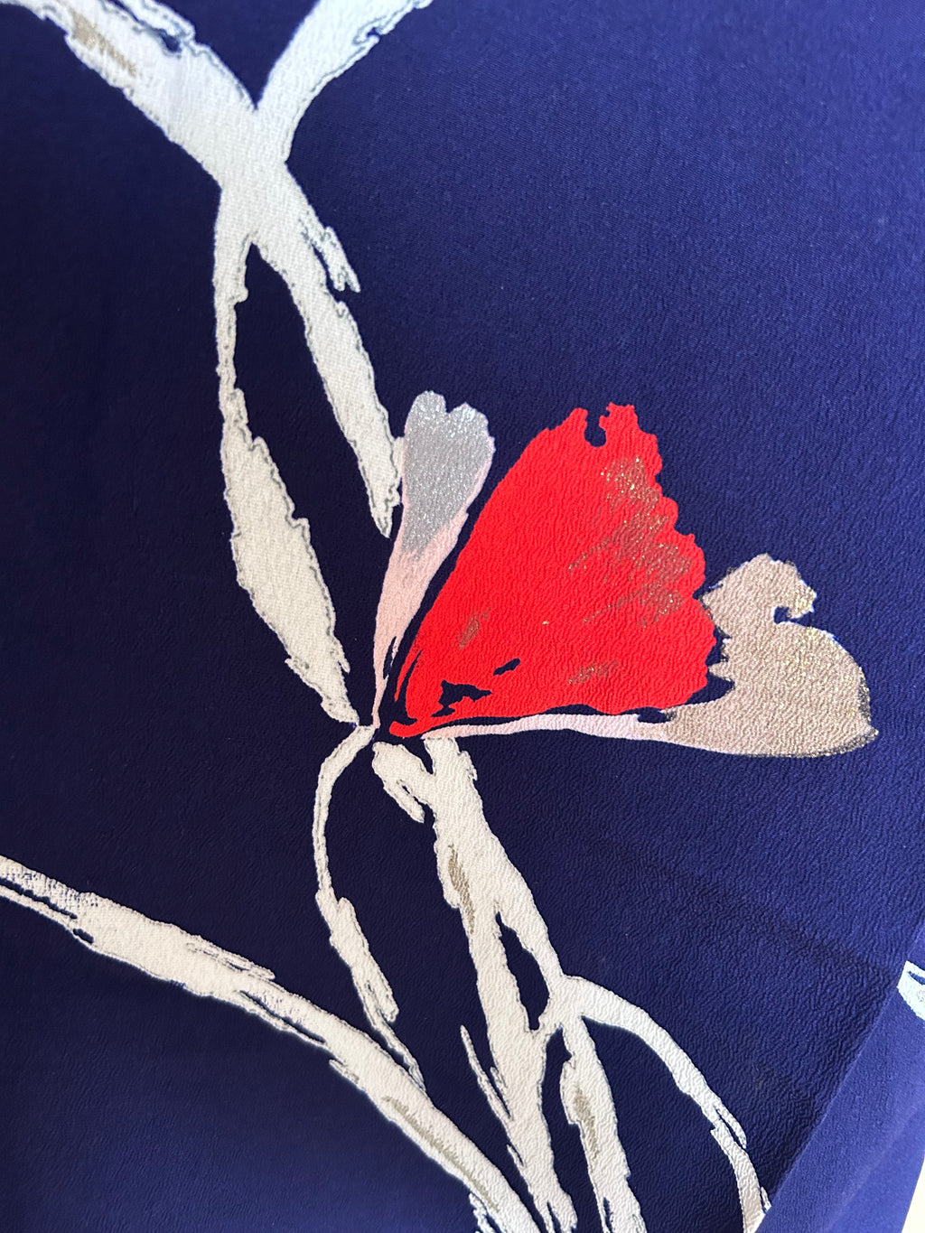 Vintage Japanese Kimono in Deep Indigo with Bold Ivory Bamboo Leaves & Crimson Floral Accents