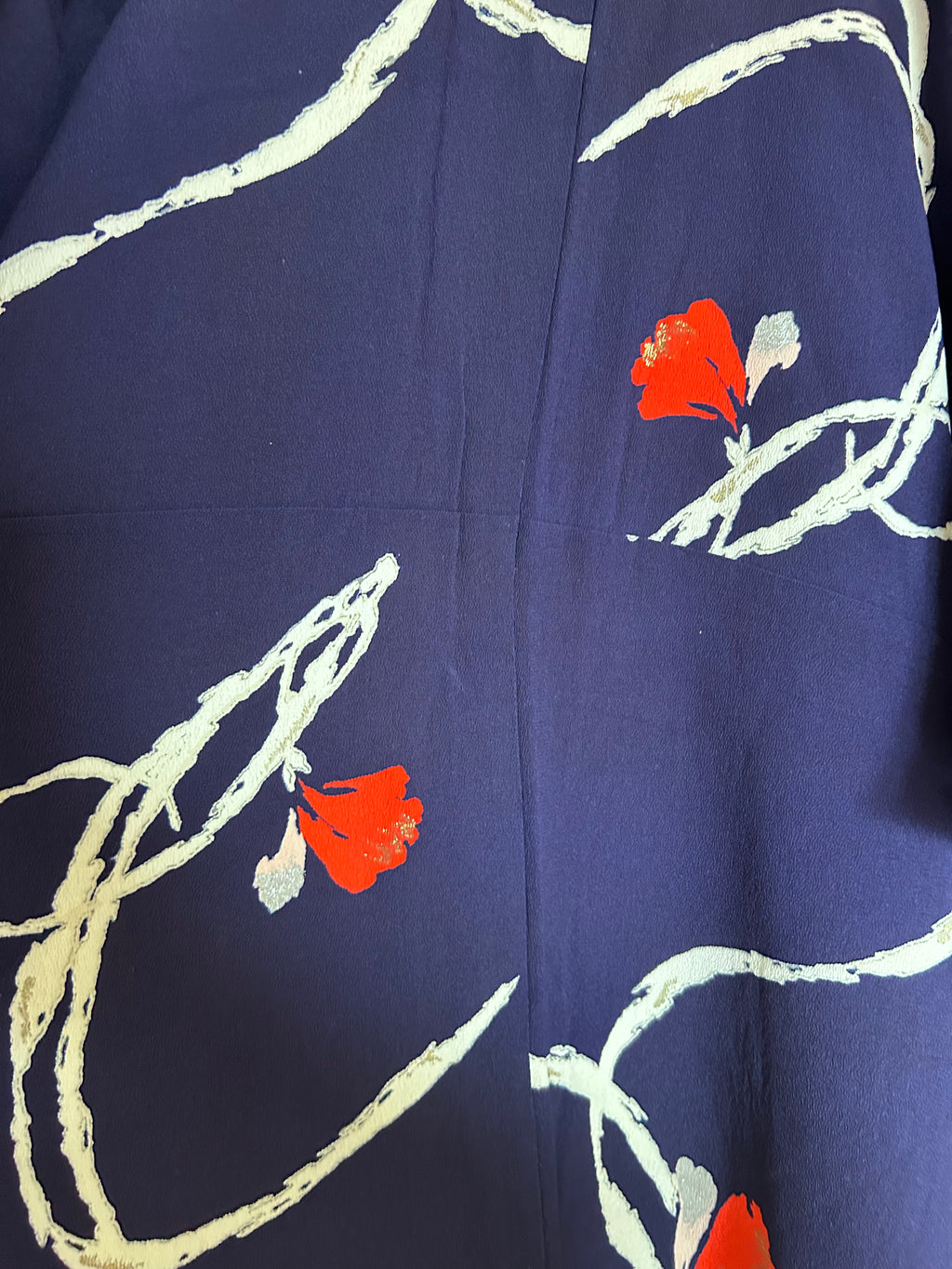 Vintage Japanese Kimono in Deep Indigo with Bold Ivory Bamboo Leaves & Crimson Floral Accents