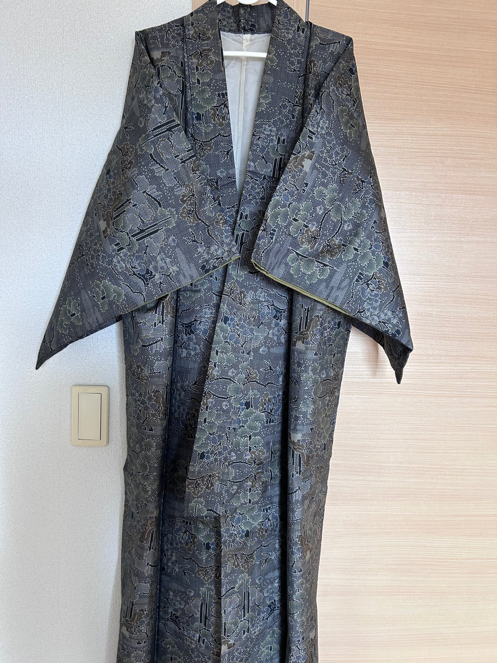 Vintage Japanese Haori Jacket in Charcoal Gray with Traditional Woven Floral & Geometric Pattern