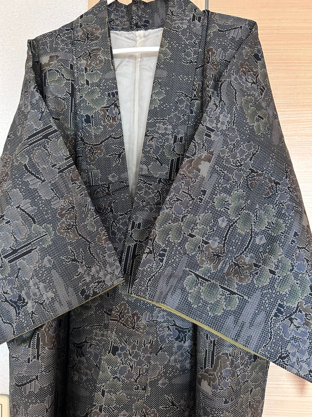 Vintage Japanese Haori Jacket in Charcoal Gray with Traditional Woven Floral & Geometric Pattern