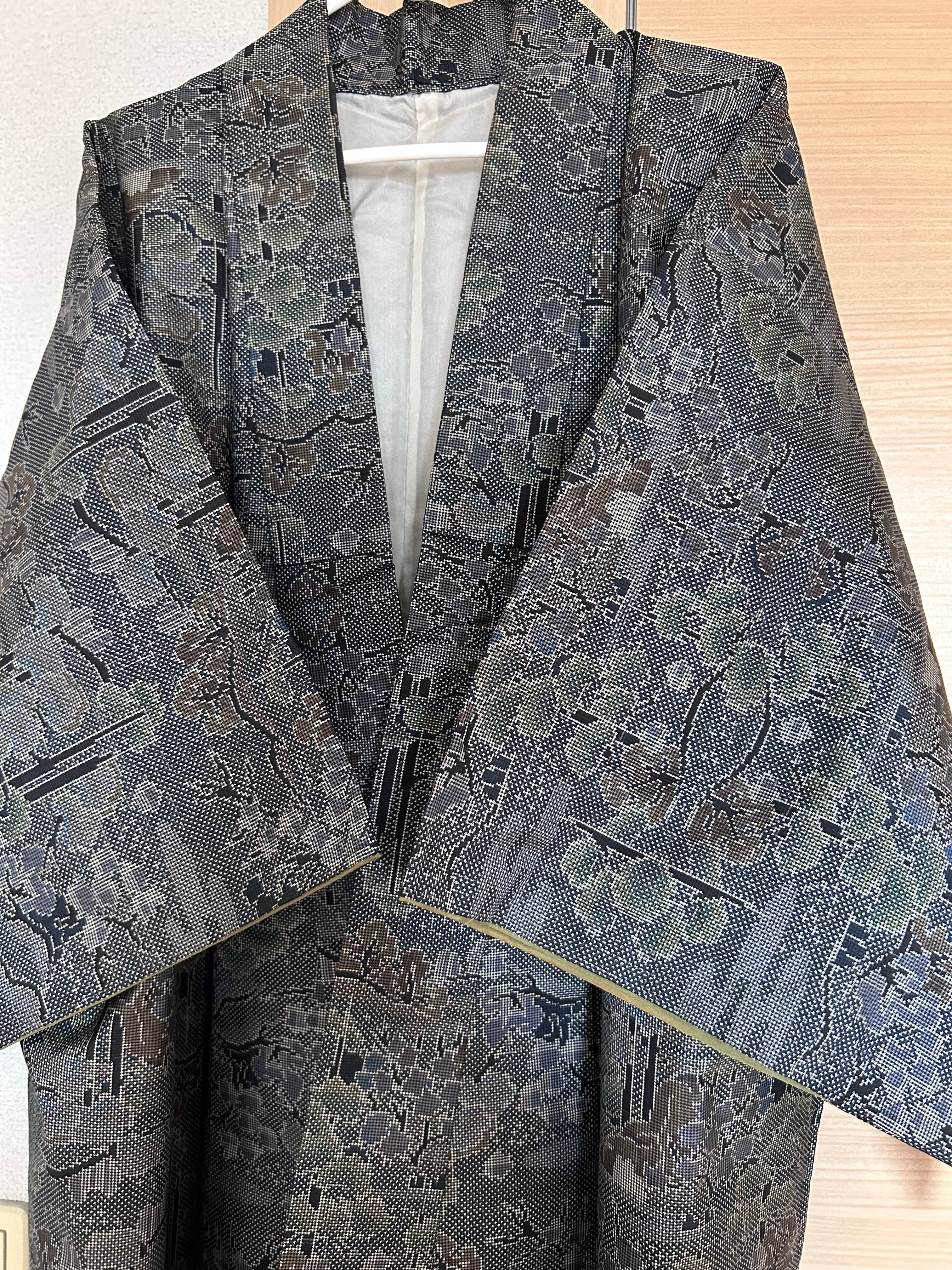 Vintage Japanese Haori Jacket in Charcoal Gray with Traditional Woven Floral & Geometric Pattern