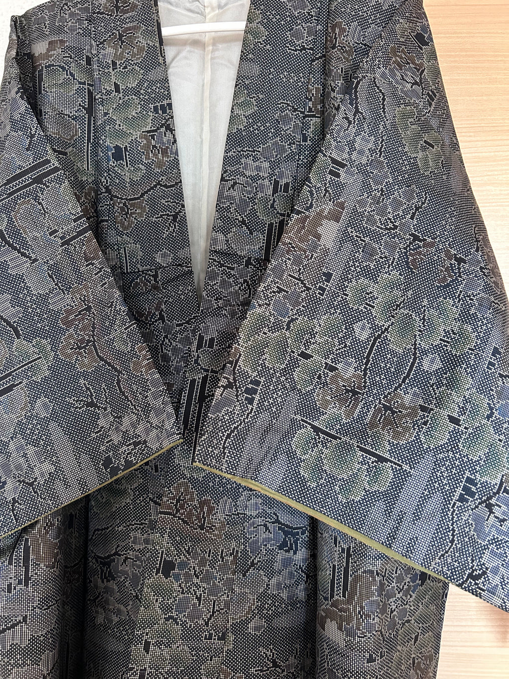 Vintage Japanese Haori Jacket in Charcoal Gray with Traditional Woven Floral & Geometric Pattern