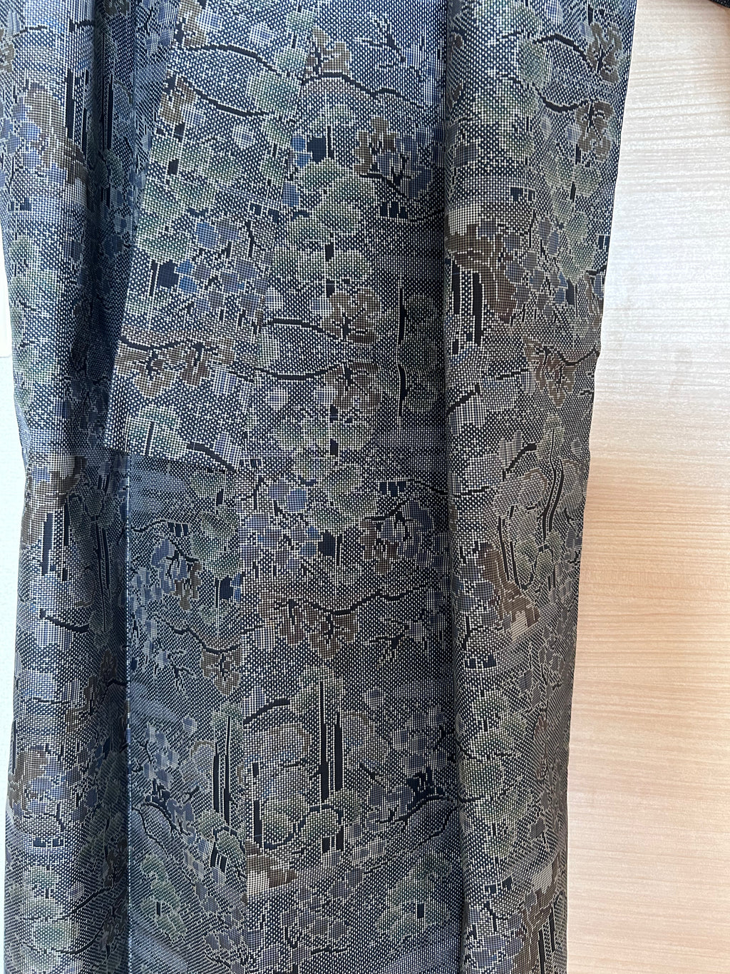 Vintage Japanese Haori Jacket in Charcoal Gray with Traditional Woven Floral & Geometric Pattern