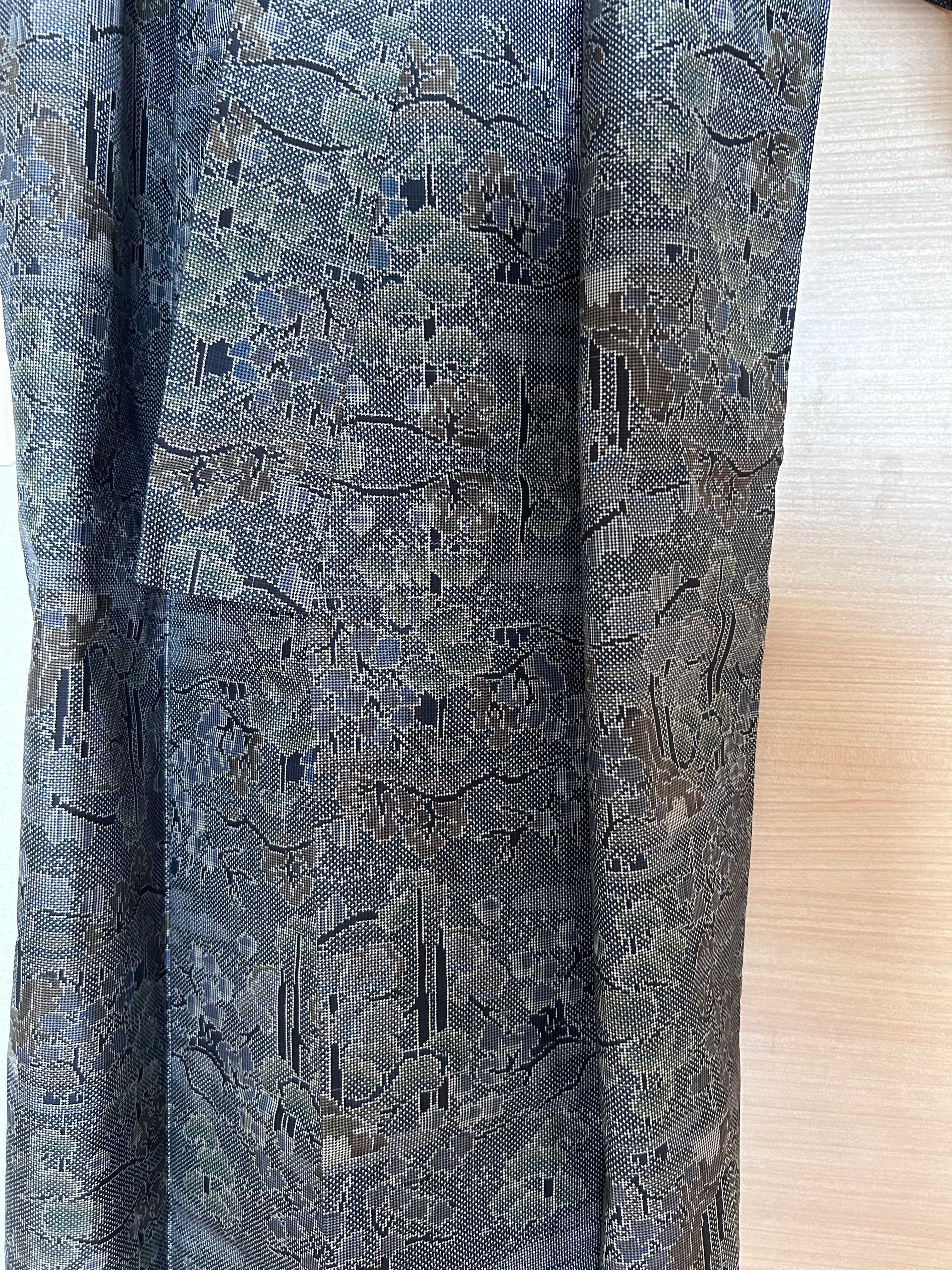 Vintage Japanese Haori Jacket in Charcoal Gray with Traditional Woven Floral & Geometric Pattern