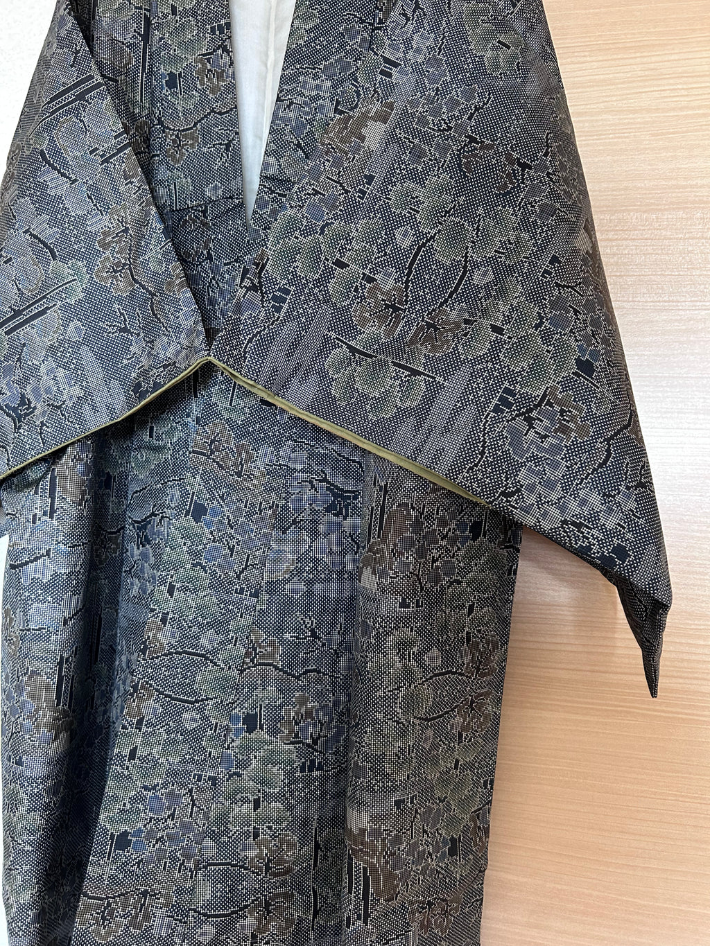 Vintage Japanese Haori Jacket in Charcoal Gray with Traditional Woven Floral & Geometric Pattern