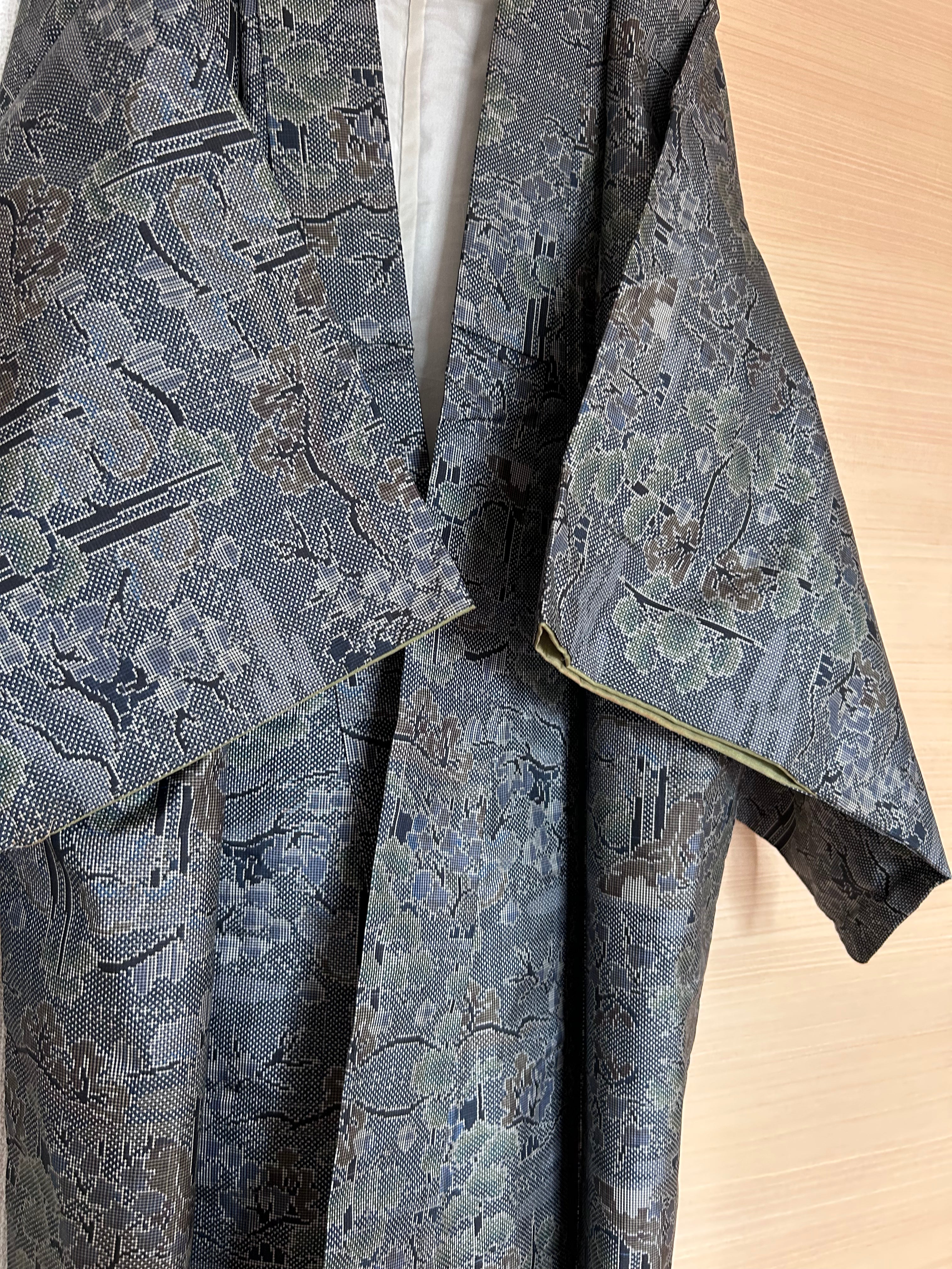 Vintage Japanese Haori Jacket in Charcoal Gray with Traditional Woven Floral & Geometric Pattern