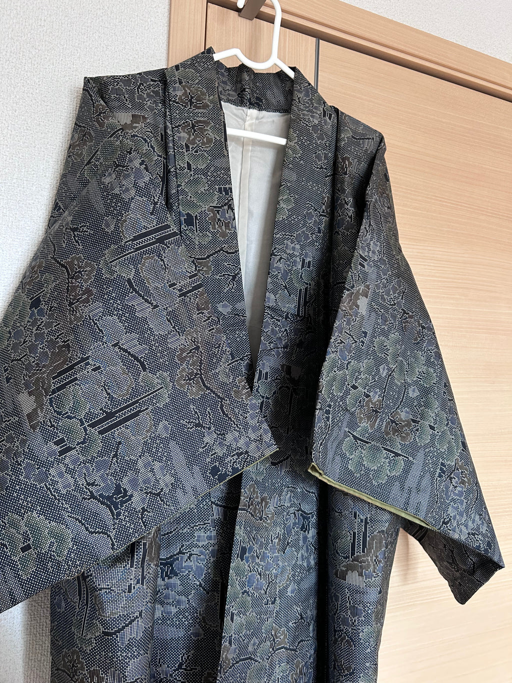 Vintage Japanese Haori Jacket in Charcoal Gray with Traditional Woven Floral & Geometric Pattern