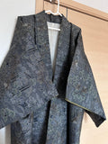 Vintage Japanese Haori Jacket in Charcoal Gray with Traditional Woven Floral & Geometric Pattern