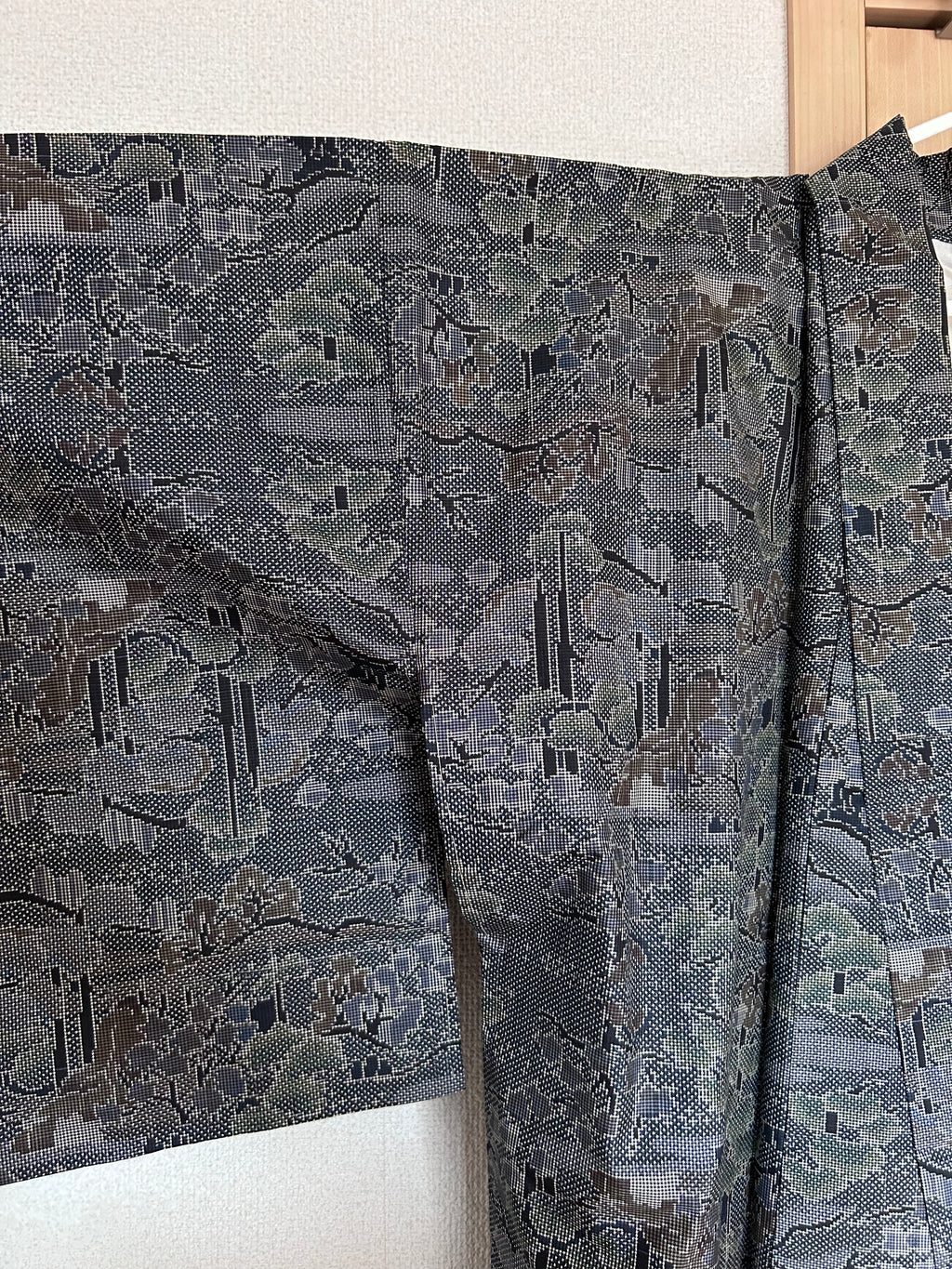 Vintage Japanese Haori Jacket in Charcoal Gray with Traditional Woven Floral & Geometric Pattern