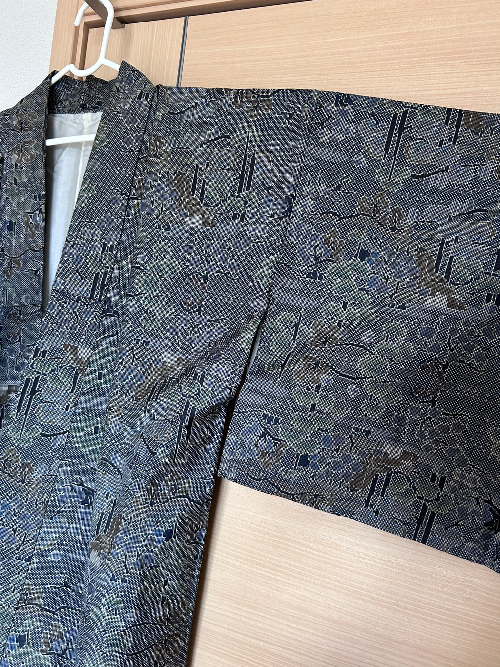 Vintage Japanese Haori Jacket in Charcoal Gray with Traditional Woven Floral & Geometric Pattern