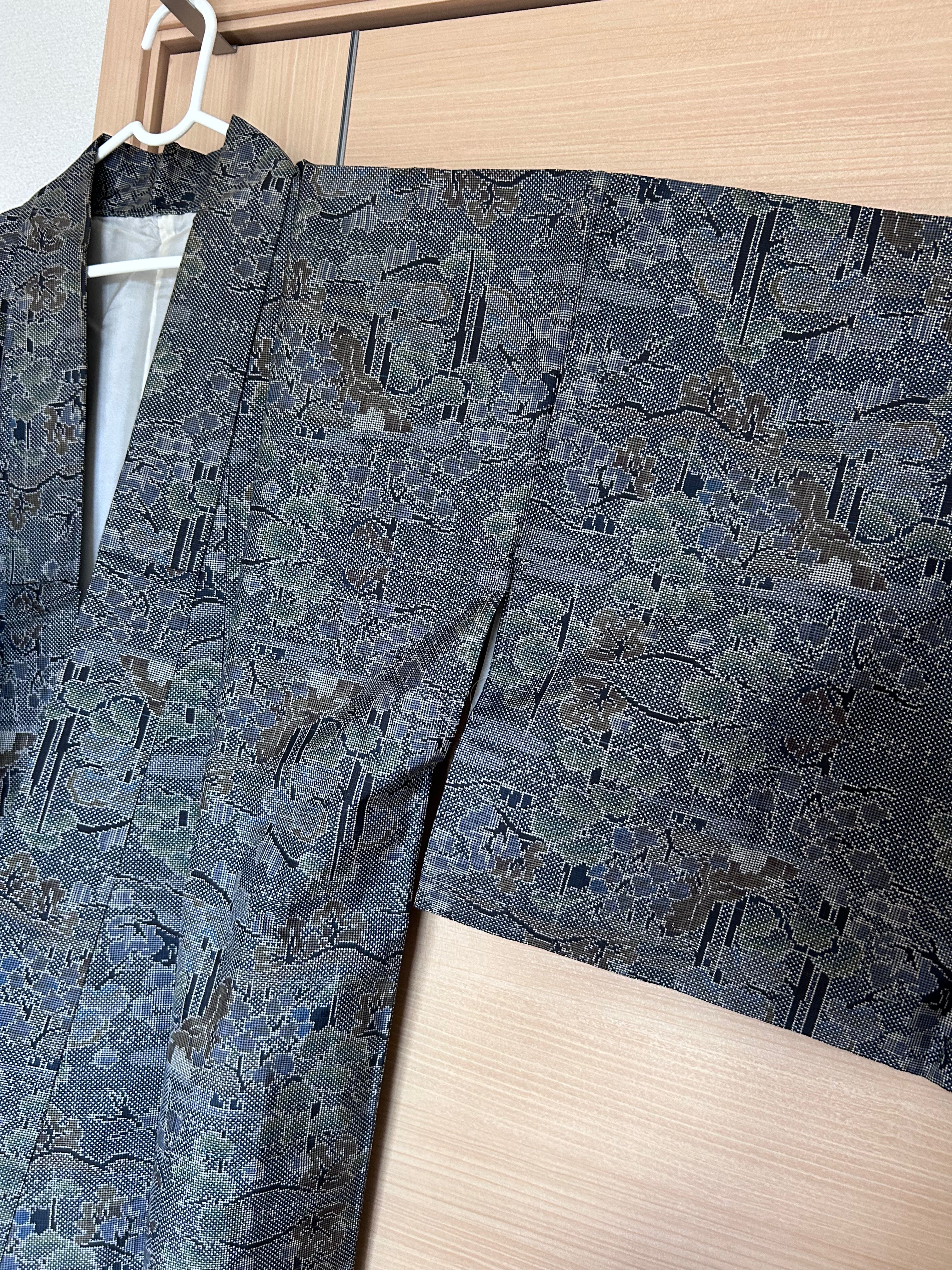 Vintage Japanese Haori Jacket in Charcoal Gray with Traditional Woven Floral & Geometric Pattern