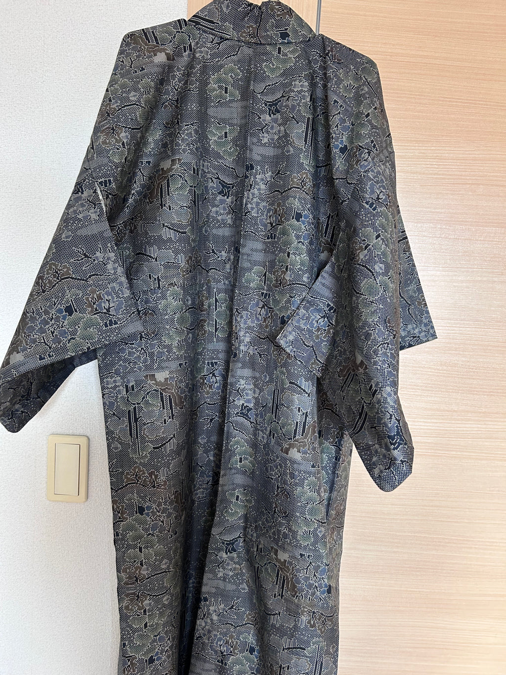 Vintage Japanese Haori Jacket in Charcoal Gray with Traditional Woven Floral & Geometric Pattern