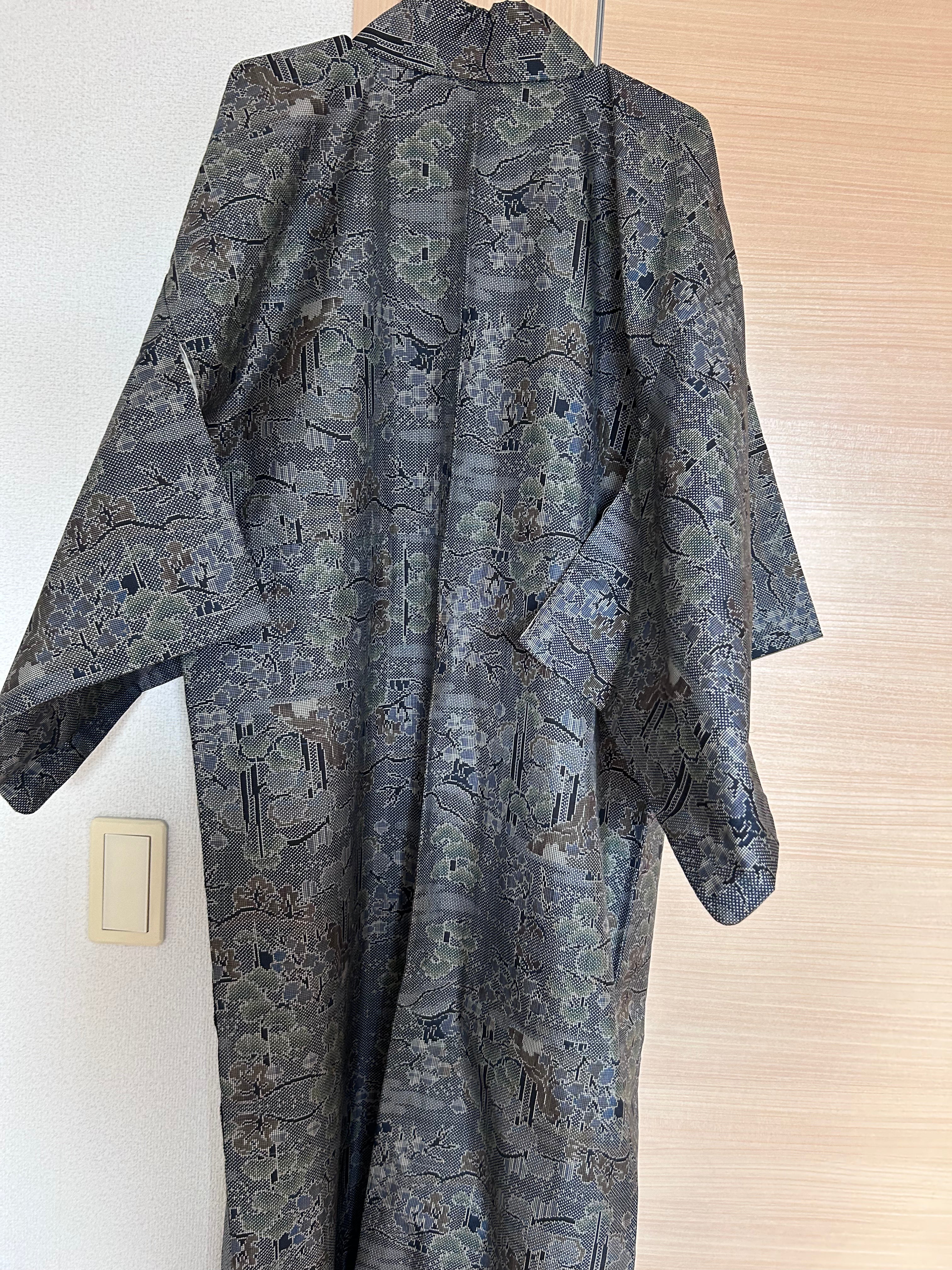 Vintage Japanese Haori Jacket in Charcoal Gray with Traditional Woven Floral & Geometric Pattern